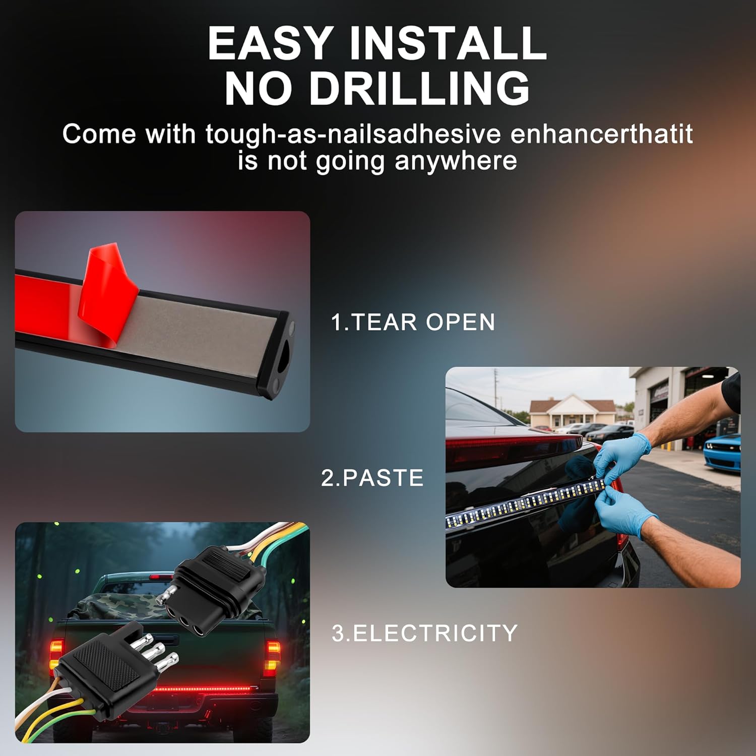 60" Truck Tailgate Light Bar - 504 LED Triple Row Strip with Red Brake/White Reverse/Yellow Turn Signals, Sequential & Strobe Effects, Waterproof Silicone for Pickup Trucks, SUVs, Trailers