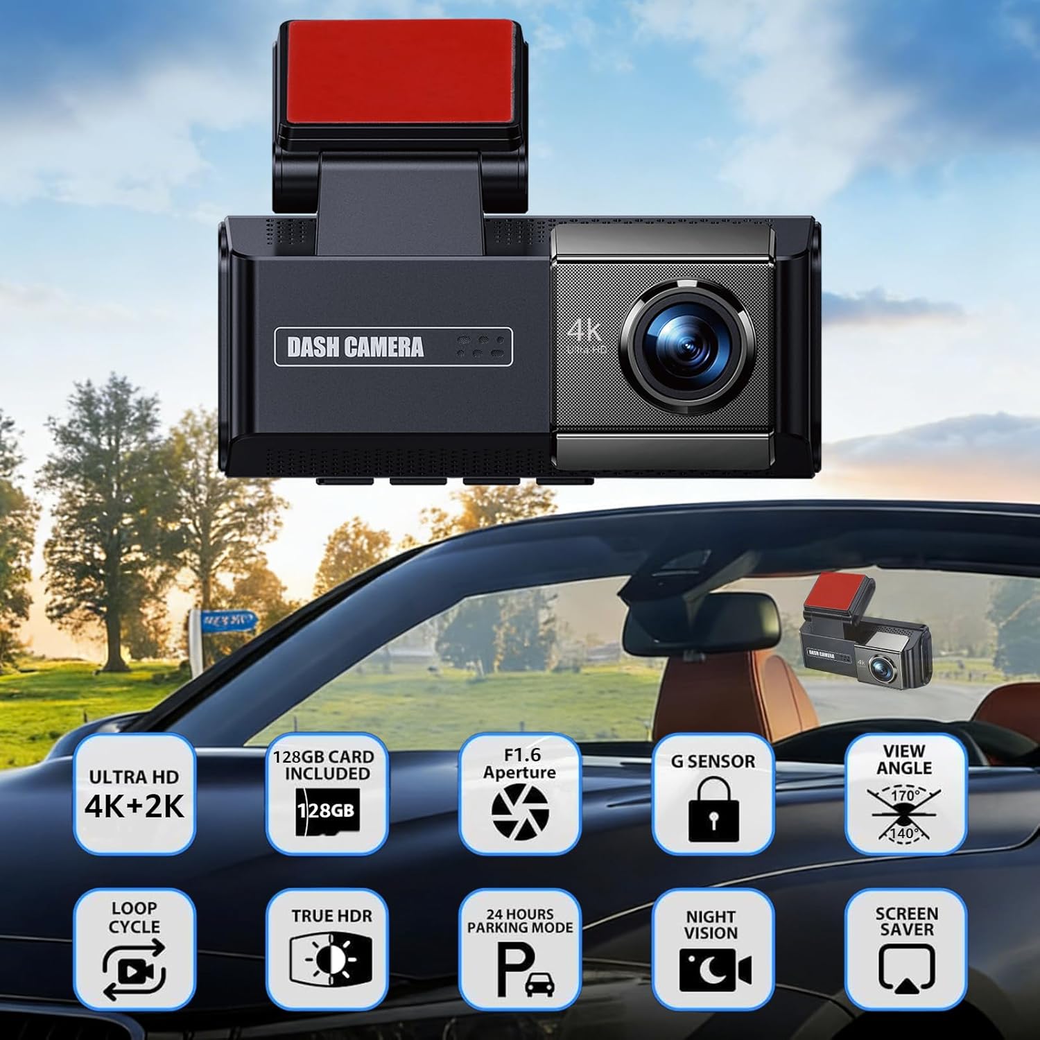 4K+2K Dash Cam Front and Rear,3.69" Touch Screen, Built-in GPS, G-Sensor, Night Vision, Loop Recording,5.8GHz WiFi 170°Wide Angle, 24H Parking Mode, Free 128GB Card Included,Support 256GB Max
