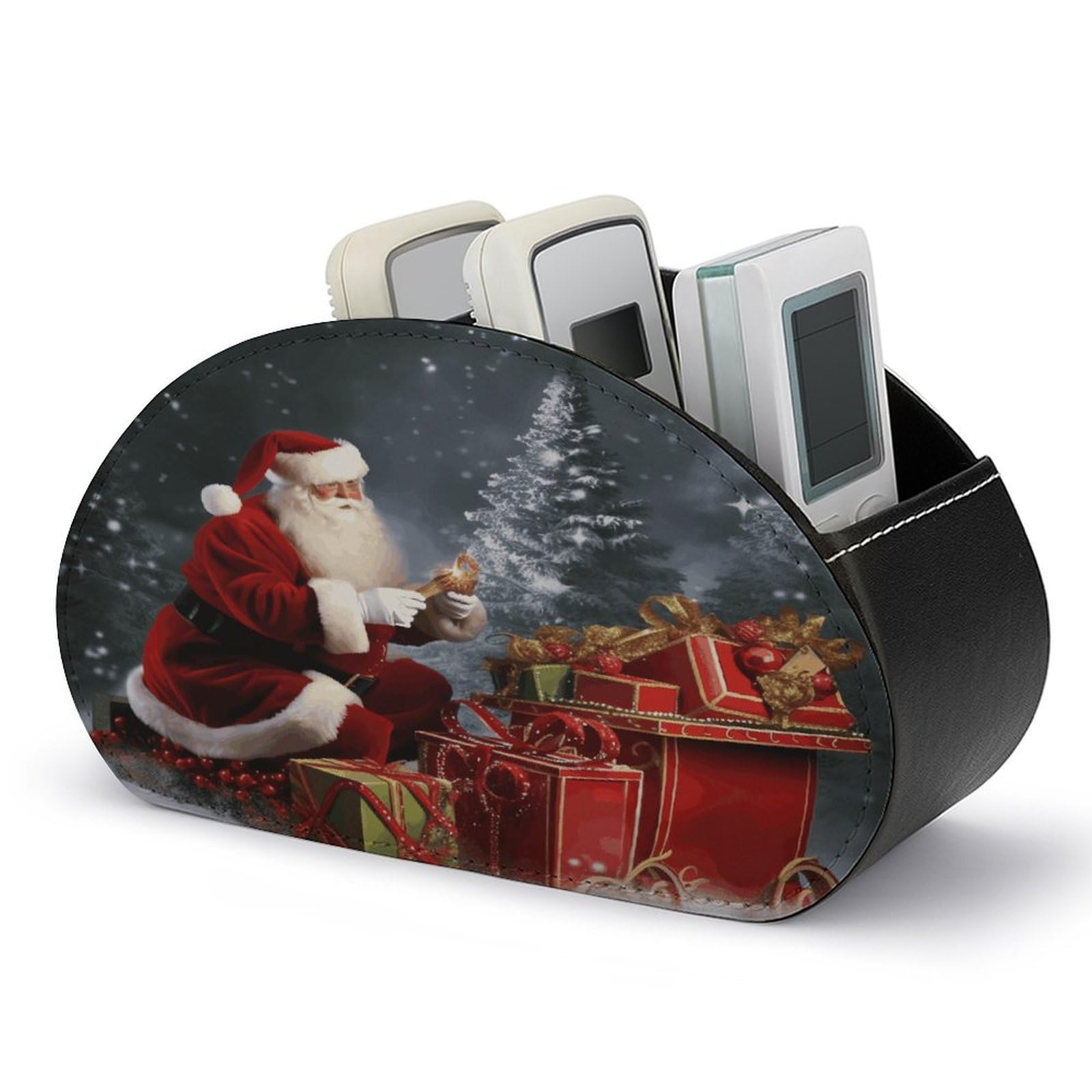 FekiLoot Merry Christmas Santa's Gift Remote Control Holder, PU Leather Remote Control Organizer Box Stationery Remote Control Box Desk Storage Organizer for DVDs,Glasses,Pens,Media Players