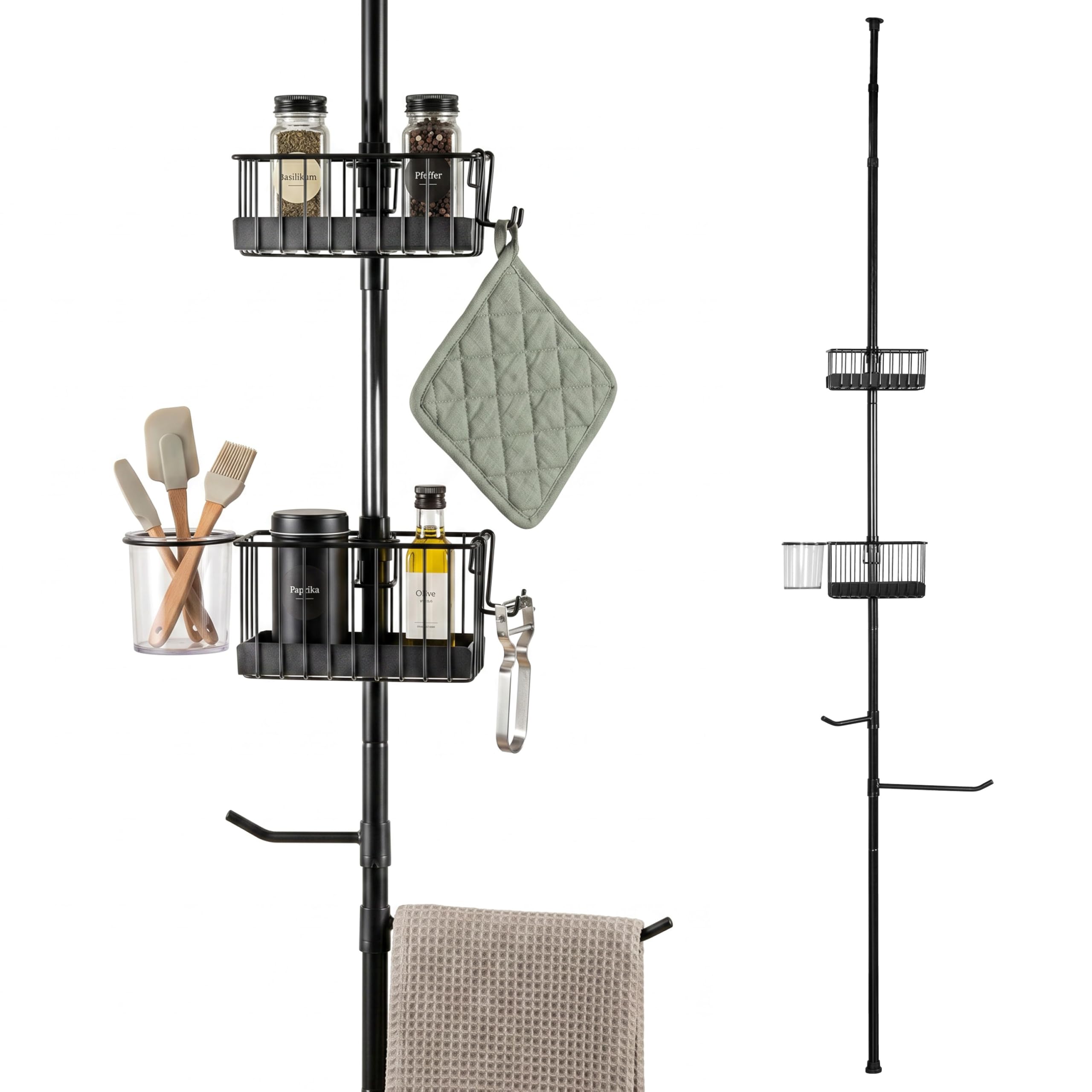 bremermann Telescopic Kitchen Rack with 2 Baskets and 2 Tea Towel Holders, Ideal for Spices, Oils, Kitchen Utensils etc. Height Adjustable up to max. 290 cm, Made of Metal (Black)