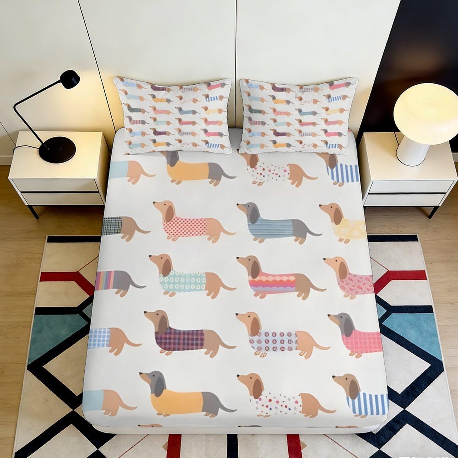 3D Printed Dachshund Pattern Fitted Sheet Microfiber Soft Breathable Dog Bed Sheet for Bedroom Guest Room Decor 90x200x25cm
