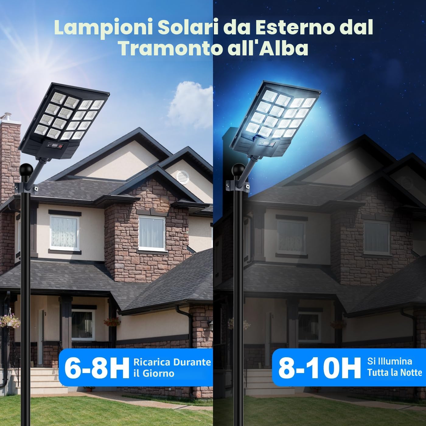YACAISI Lampioni stradali solari per esterni, 8500 K, luce a LED per vialetto a energia solare, sensore di movimento di inondazione al crepuscolo, illuminazione all'alba, supporto impermeabile