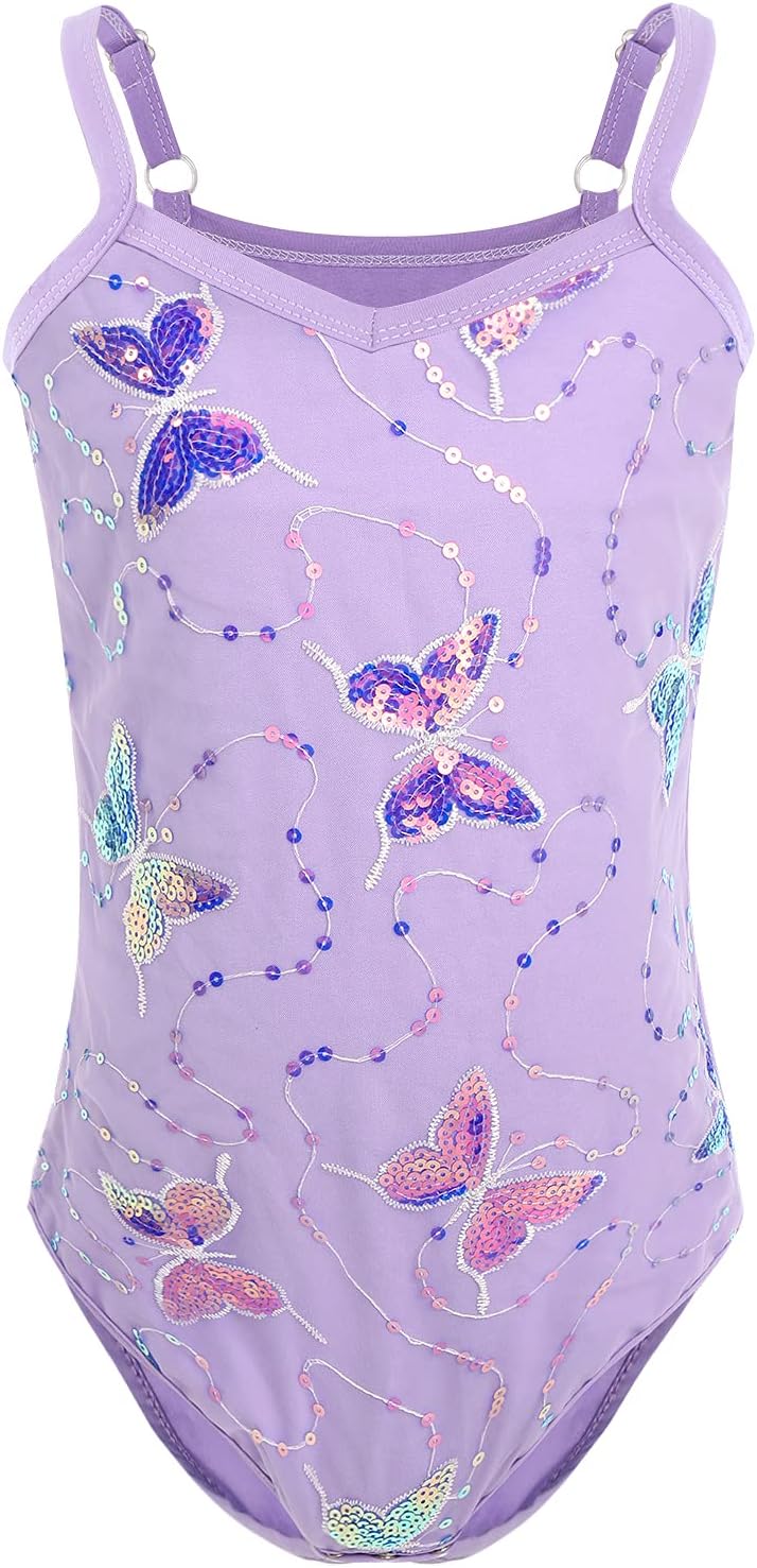 AFAVOM Girls Butterfly Sequin Camisole Ballet Dance Dress Glitter Ruffle Tutu Skirt Leotard Ballerina Costume for Toddler Kid