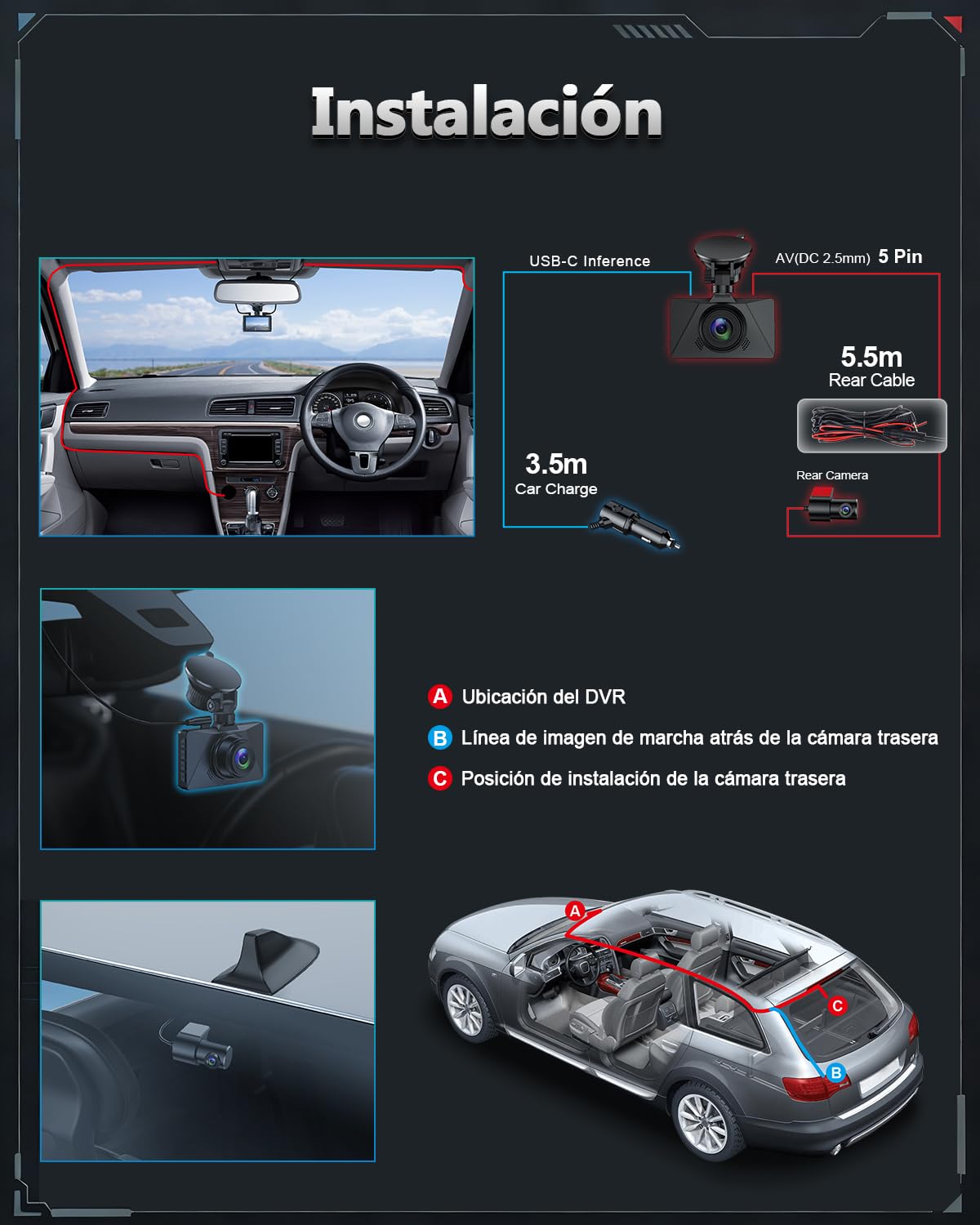 cámara de salpicadero Delantera y Trasera para Coche, Tarjeta de 64 GB incluida, cámara para Coche FHD 1080P, Gran Angular de 170°, HDR, grabadora de conducción, grabación en Bucle, visión