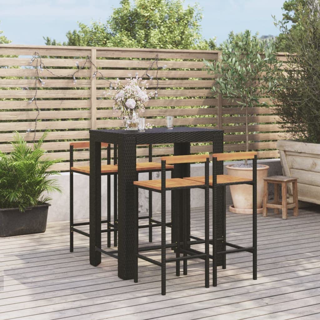 vidaXL Mesa Bar y taburetes jardín 5 pzas Madera Acacia ratán PE Negro