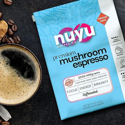 Miniatura 9 de Nuyu Café de hongos premium, 12 onzas, expreso fino molido 100% arábica, 2000 mg hongos funcionales, melena de león, Reishi, Chaga, Cordyceps para