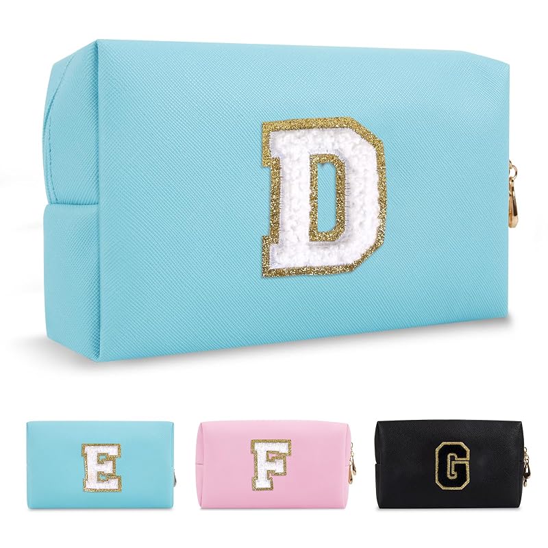 Necessaire de maquiagem ChaoGreat azul com patch de chenille com letra D e zíper