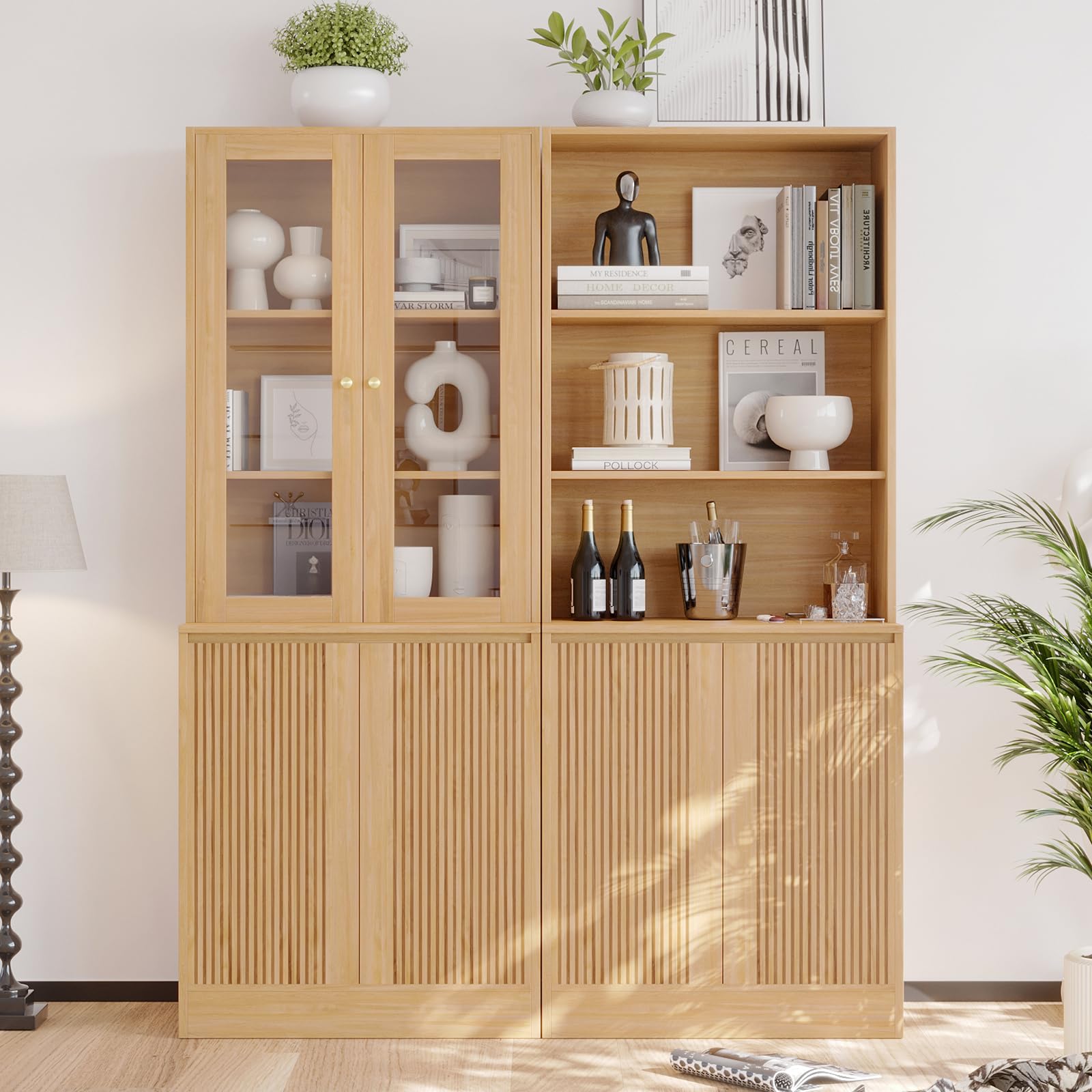 VOWNER 71'' Freestanding Wood Bookcase With 2 Tempered Glass Doors, Modern Tall Storage Cabinet for Kitchen, Living Room, Home Office (A+C)