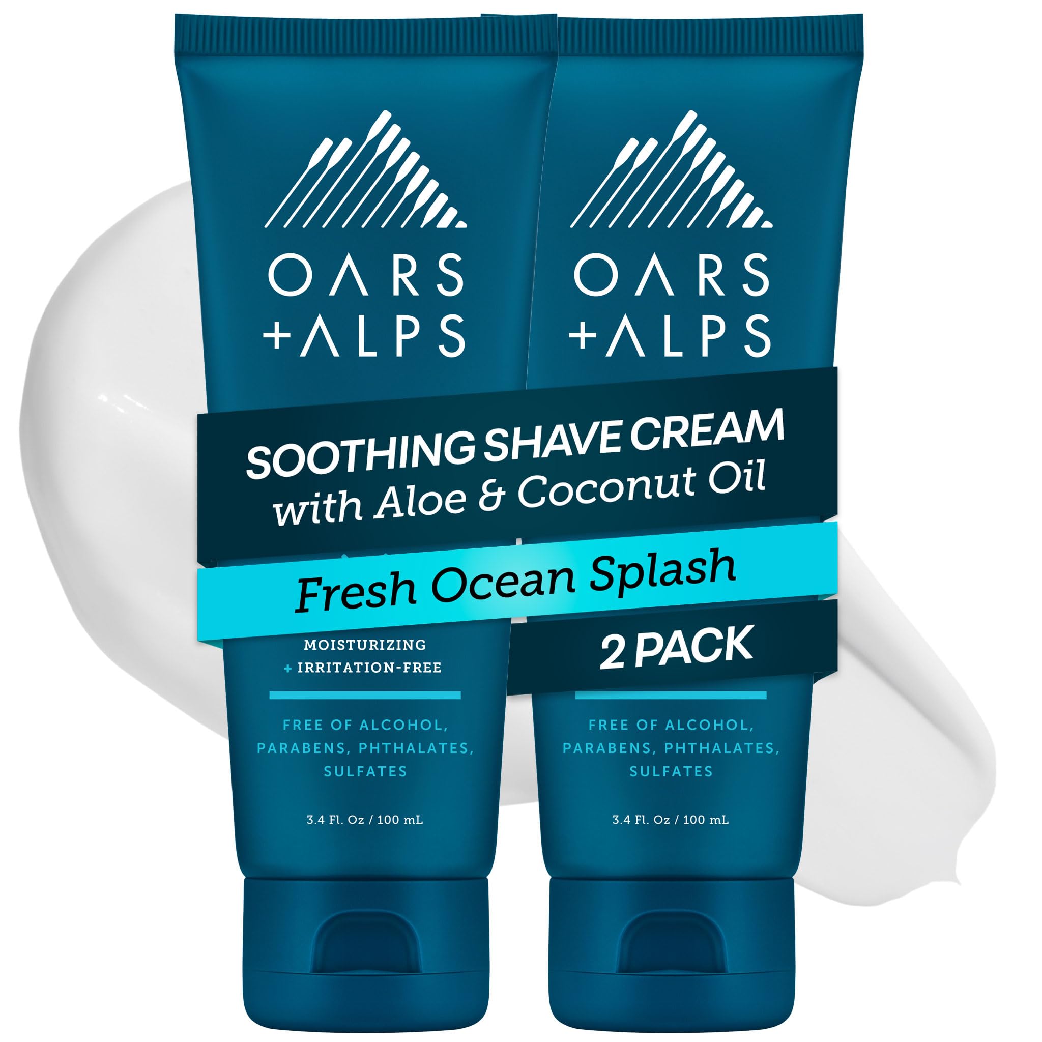 Oars + Alps Soothing Men's Shaving Cream, Dermatologist Tested and Infused with Aloe and Coconut Oil, Fresh Ocean Splash Scent, TSA Friendly, 3.4 Oz, 2 Pack