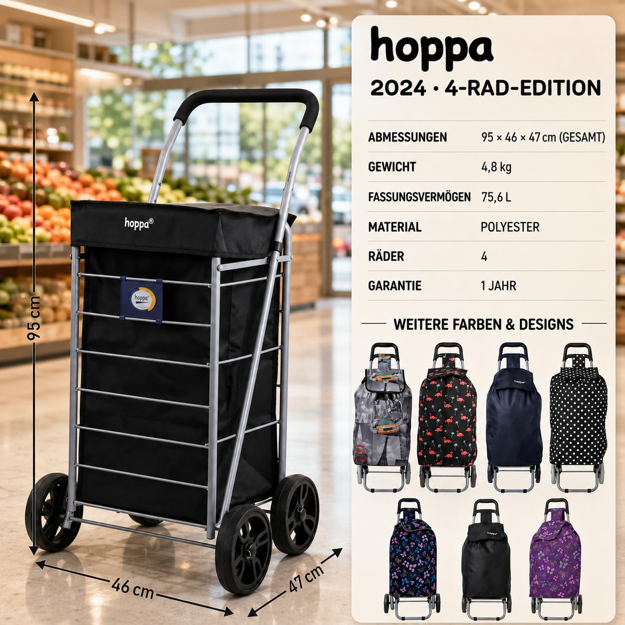 Hoppa Leichtgewichtiger 4-Rädiger Premium 2024 Modell Faltbarer Einkaufswagen Extra Große 64l Kapazität Einkaufswagentasche, 95cm, 4.8kg, Schieb/Zieh Treppensteiger (Schwarz)