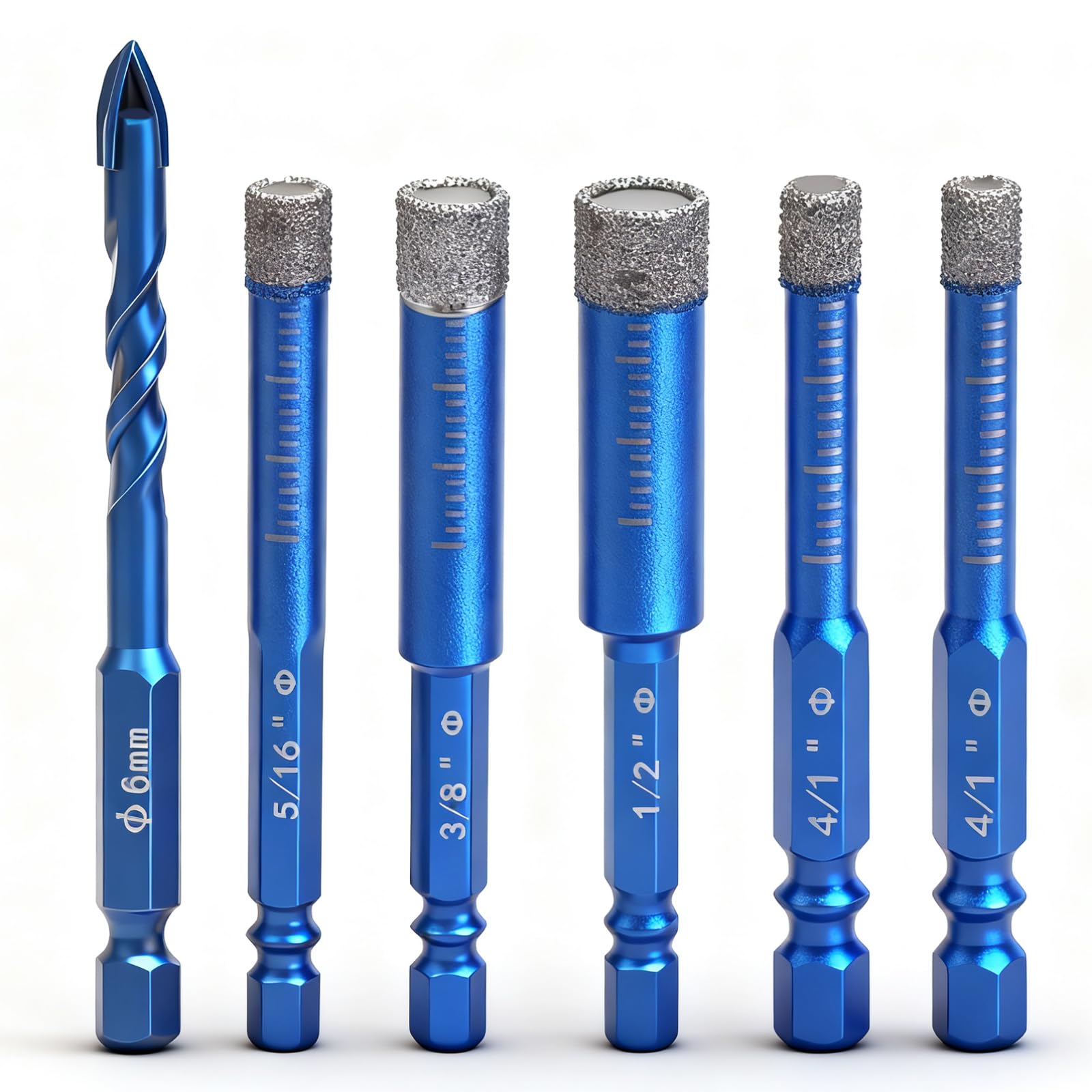 Set di 6 punte diamantate per piastrelle, granito, vetro, 6-12 mm e metallo duro