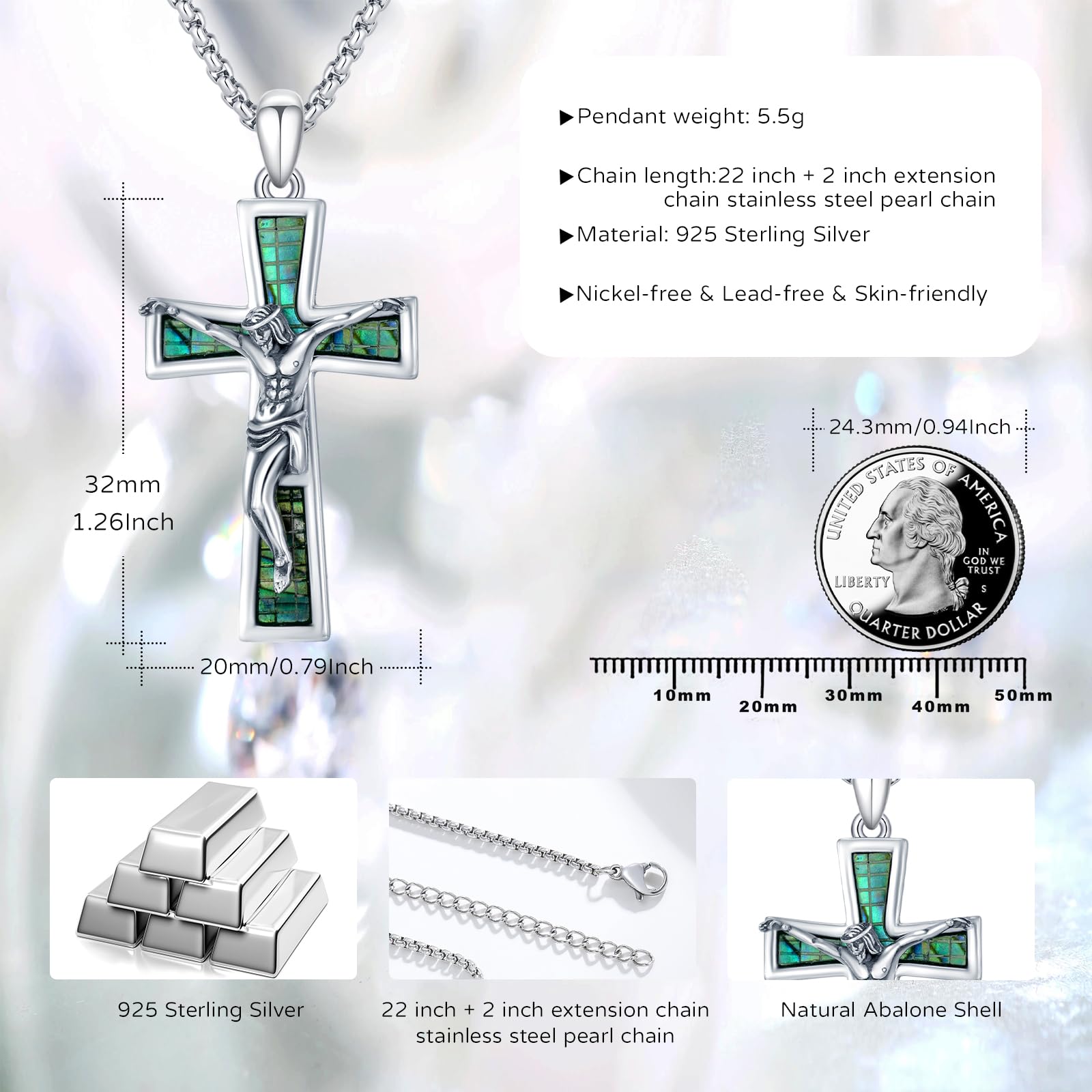 Kreuz Halskette für Männer Frauen 925 Sterling Silber Kruzifix Jesús Kreuz Anhänger Saint Amulett Halskette Abalone Conschelkreuz Religiöser Schmuck Geschenke22 +2 Zoll Edelstahlkette, 37 mm,