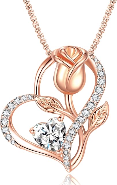 Praelinos Love Heart Pendant Necklace for Women White/Rose Gold Plated Rose Flower Silver Tone 5A Cubic Zirconia Christmas Valentine Mother's Day Birthday Jewellery Gifts For Her Mom Wife Girls