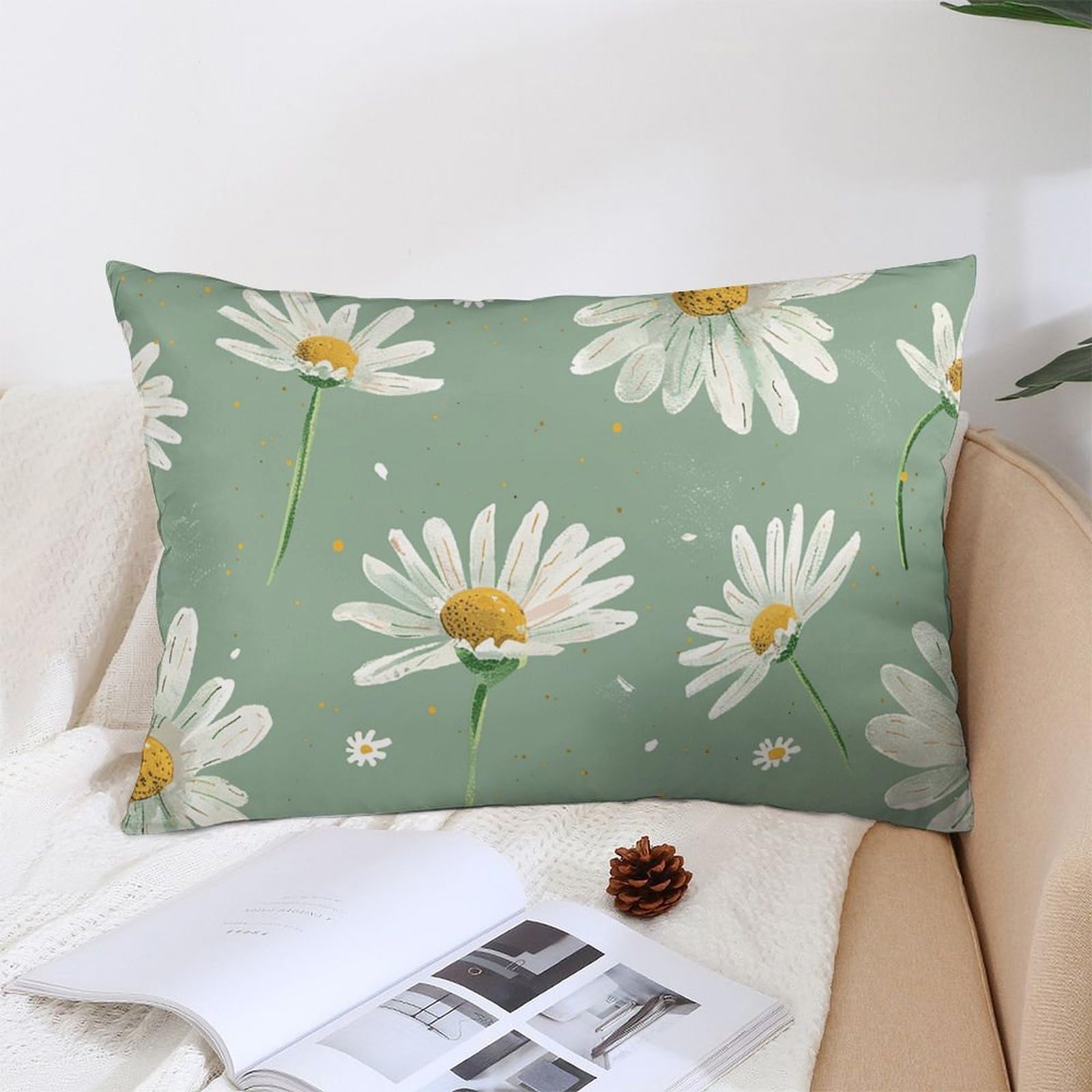 NTVOWPZO Decoration Throw Pillow Covers 12 "x20 Pillowcases Covers Green Daisy Pattern Soft Pillowcases Modern Farmhouse Home Decor Sofa Cushions Covers for Couch Bed Living Room