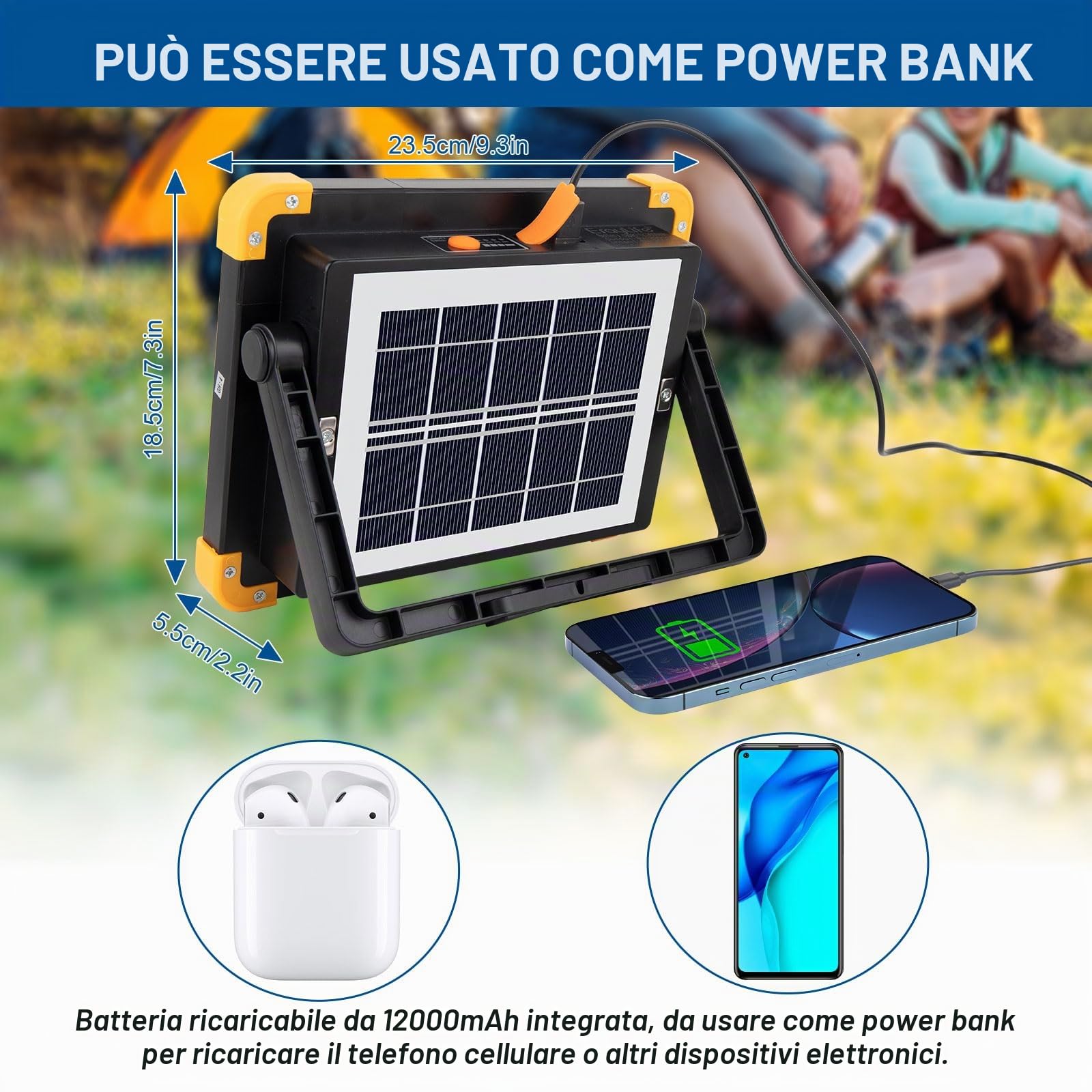 Faro LED Ricaricabile 120W, Faretto Lampada LED Ricaricabile Portatile Solare/348 LEDs/2 Magnetiche/4 Modalità/Banca di Energia, Proiettore LED Ricaricabile per Cantiere, Intrattenimento, Emergenza