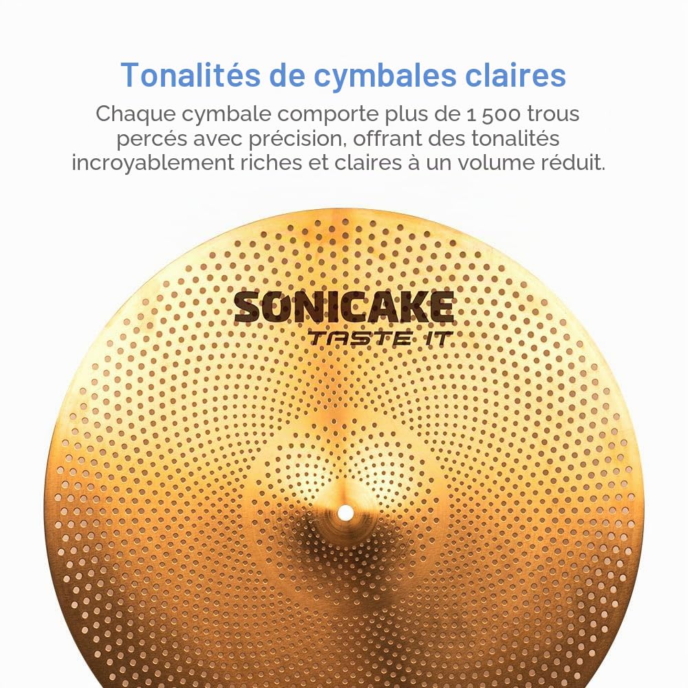 SONICAKE Cymbales à faible volume 14" HiHat+16" Crash+18" Crash+20" Ride jeu de cymbales mèche 5 pièces doré
