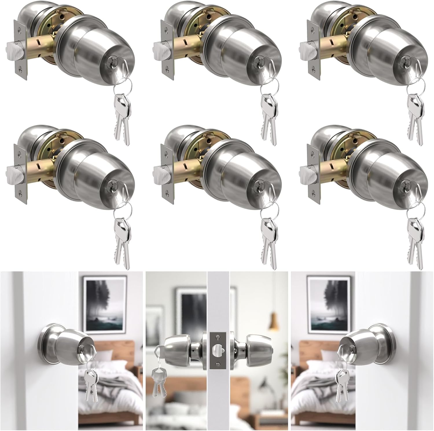 Keyed Entry Door Knob with Lock and Key, Round Ball Locking Door Knob, Interior and Exterior Door Lock Set for Bedrooms, Bathrooms and Home Use, Brushed Nickel, 6 Pack