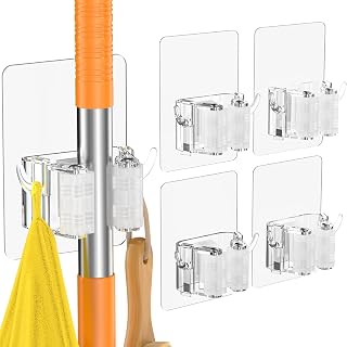 Batur 4-Pack Adhesive Broom & Mop Holder Wall Mount - No Drill, Super Anti-Slip, Strong Hooks for Kitchen, Bathroom Storage