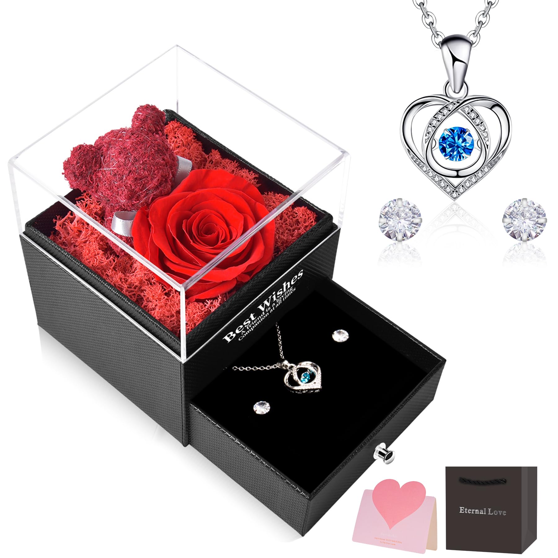 CSYY Ewige Rose, Schlagendem Herz Halskette Ohrringe Handgefertigte Konservierte Rosen Große Schmuck Geschenkbox für Mama Schwester Ehefrau Weihnachten Rot
