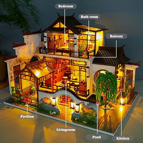 Miniatura 2 de Yuzhen Casa de muñecas en miniatura con muebles y luces LED, gran casa de muñecas de madera de estilo antiguo que incluye cubierta de polvo y