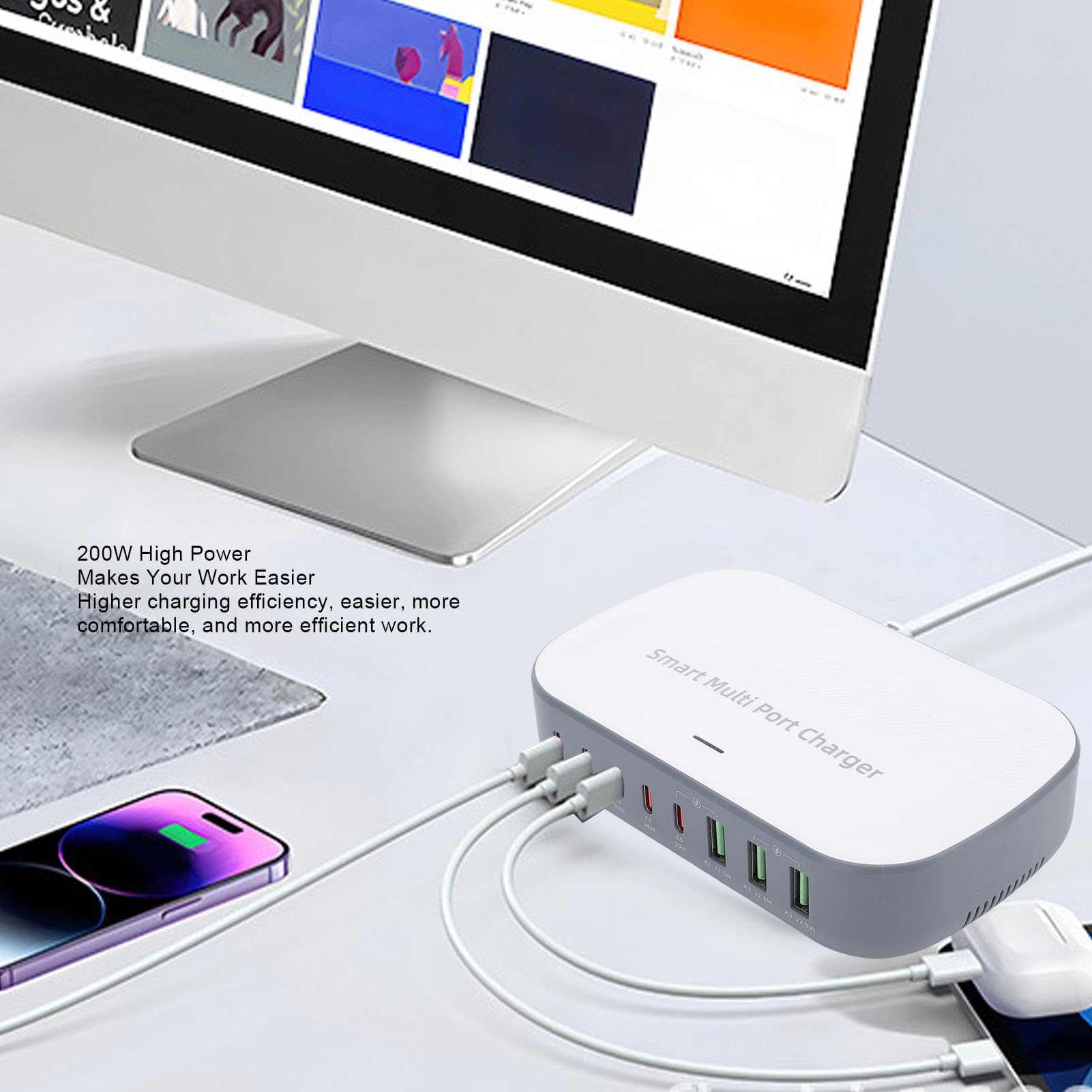 Ładowarka Biurkowa 200 W, 8-portowa Stacja Szybkiego ładowania USB z PD 100 W, Wieloportowa ładowarka USB C do Telefonu, Laptopa, Tabletu, Inteligentna Alokacja Mocy, (wtyczka UE)