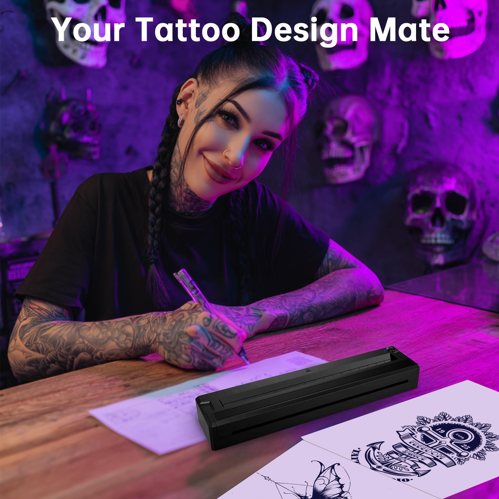 Tattoo Stencil Printer Machine for Tattooing, Portable Bluetooth Thermal Tattoo Transfer Printer for Tattoo Artists & Enthusiasts., Compatible with Android, iOS, Windows(Black)