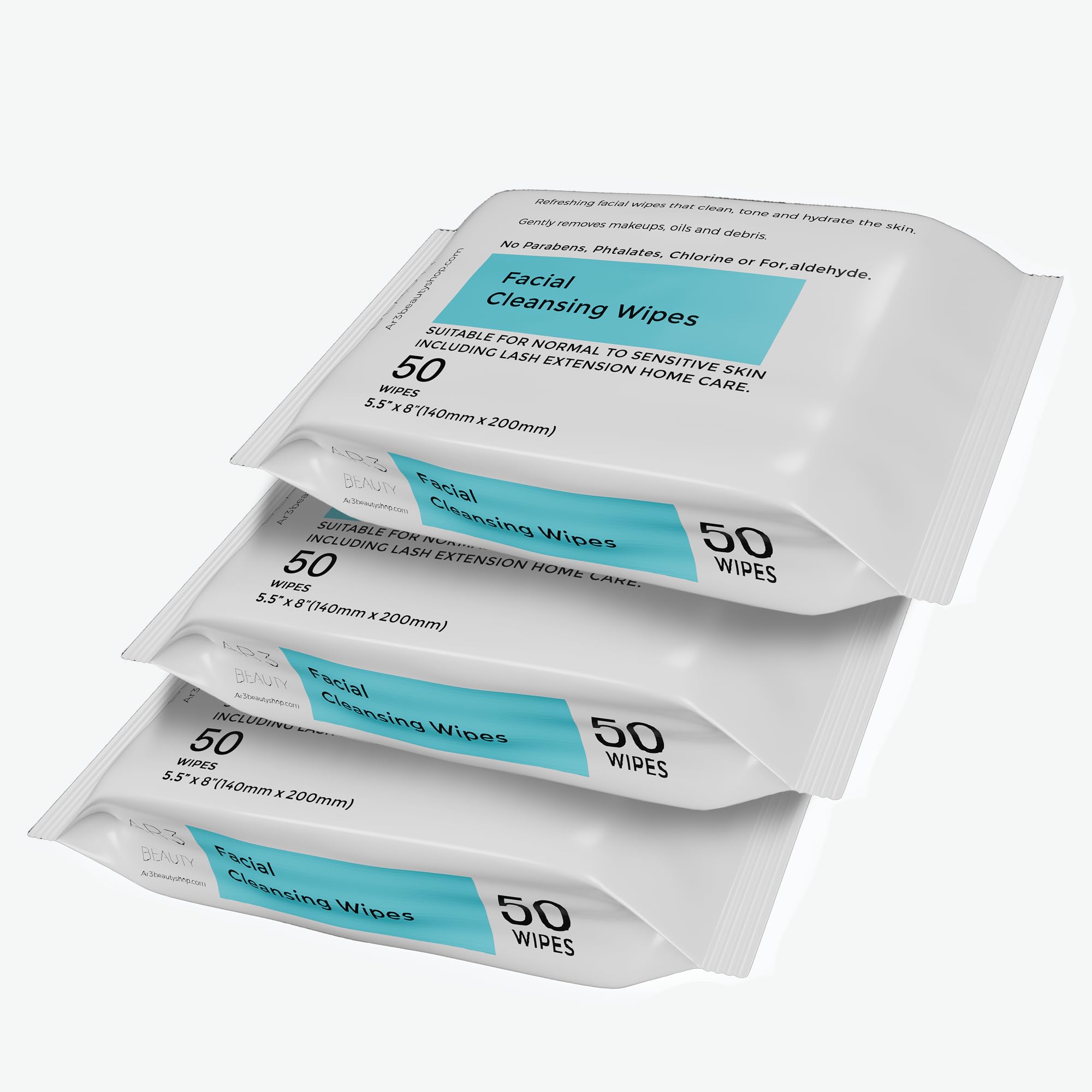 Ar3 Beauty Facial Cleansing Wipes. 3 Pk. Pack of 50 each. (Facial Cleansing Wipes for Women | Gentle Makeup Remover. 150 wipes