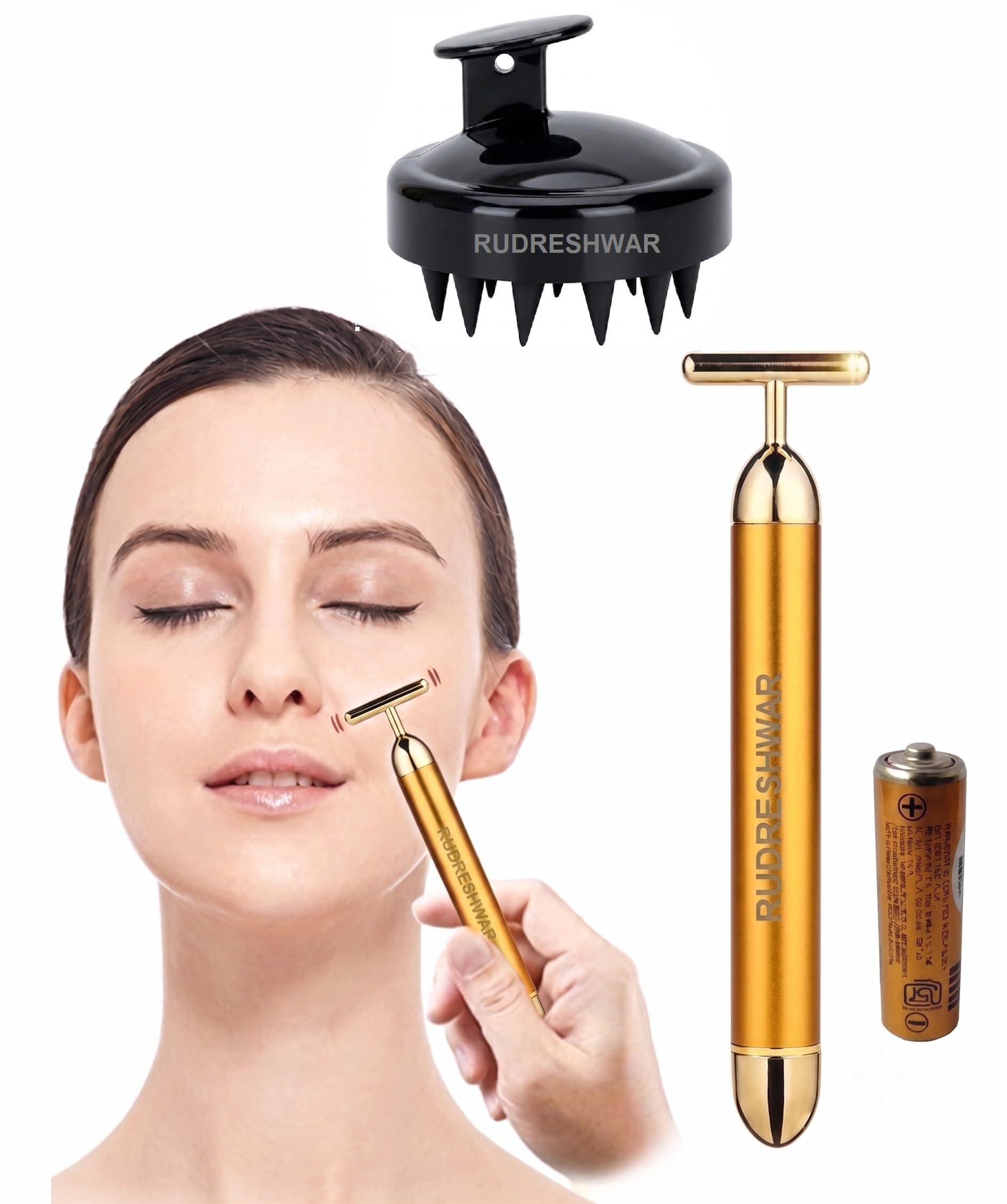 24K Gold Beauty Bar Face Massager Roller with Silicone Hair Scalp Massager Shampoo Brush Combo | Electric Vibrating Facial Massager Tool & Head Massager Scrubber Set for Face Lift, Anti-Aging & Dandruff Control-image-32