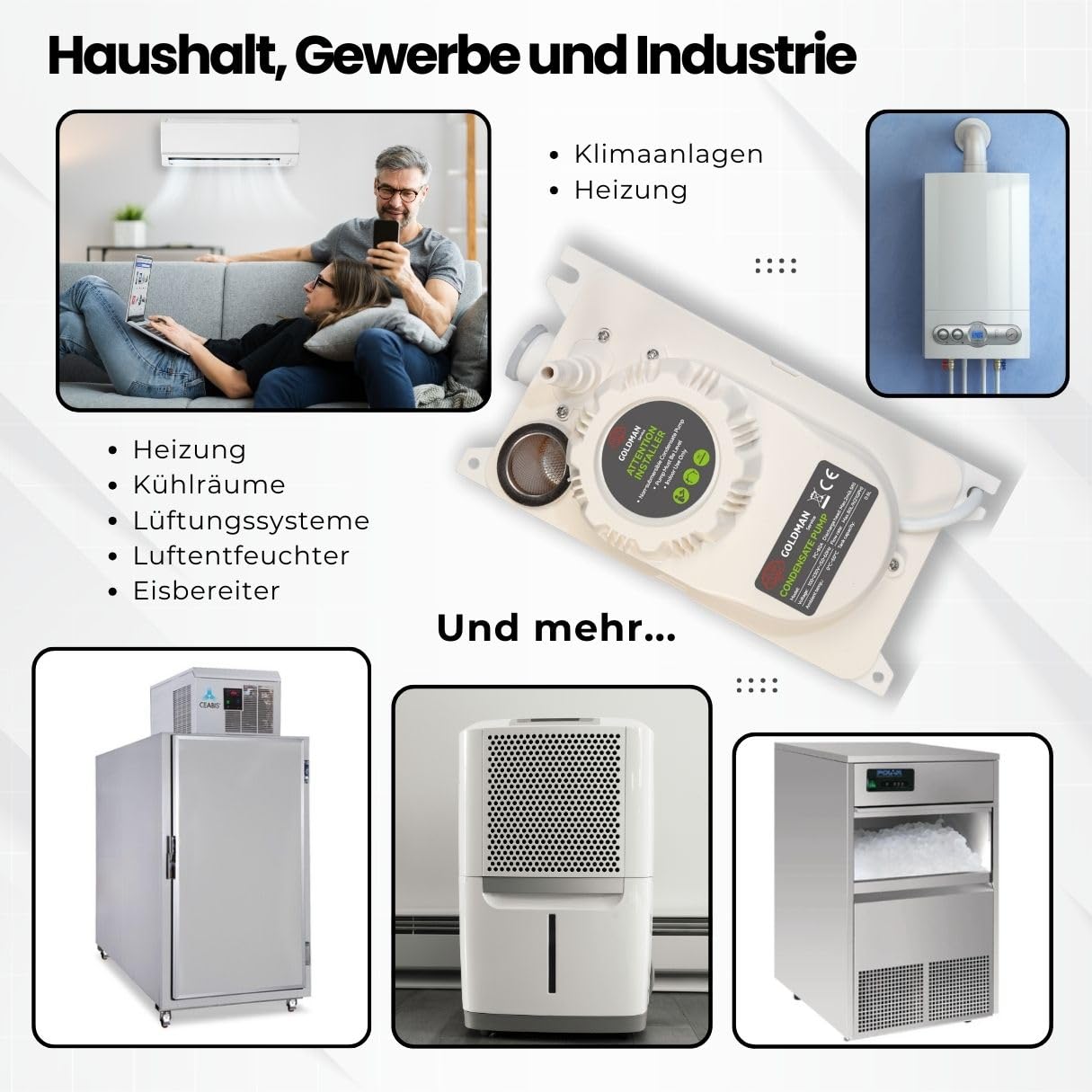 GOLDMAN SERVICE Automatische Kondensatpumpe für Klimaanlage, leise, Wasserablauf und Abfluss, Durchfluss 80 Liter/Stunde