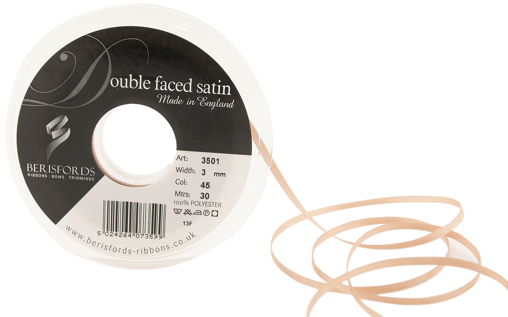Berisfords Double Satin Ribbon, Ecru, 3 mm