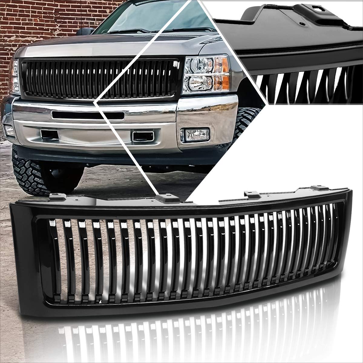 Photo 1 of Front Bumper Vertical Fence Style Grill Grille Compatible with 07-13 Chevy Silverado 1500,Black Black Vertical Fence