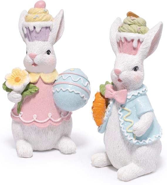 Hodao Easter Bunny Figurines Set of 2 Decor, Spring Decorative Rabbit Couple with Colorful Cake, and Easter Eggs Tabletop Home Decoration for Living Room, Entryway