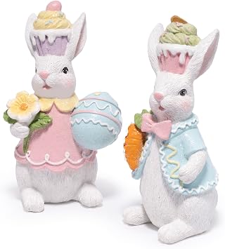 Hodao Easter Bunny Figurines Set of 2 Decor, Spring Decorative Rabbit Couple with Colorful Cake, and Easter Eggs Tabletop Home Decoration for Living Room, Entryway