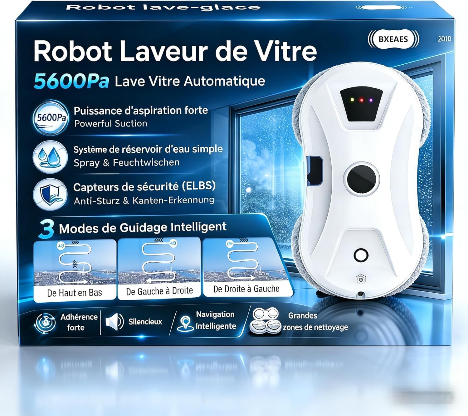 Robot Laveur de Vitre, 5600Pa Laveur de Vitre Automatique avec Fonction de Pulvérisation, Navigation Intelligente, 3 Modes de Nettoyage, Corde de Sécurité et UPS, pour Fenêtres, Verre, Miroirs
