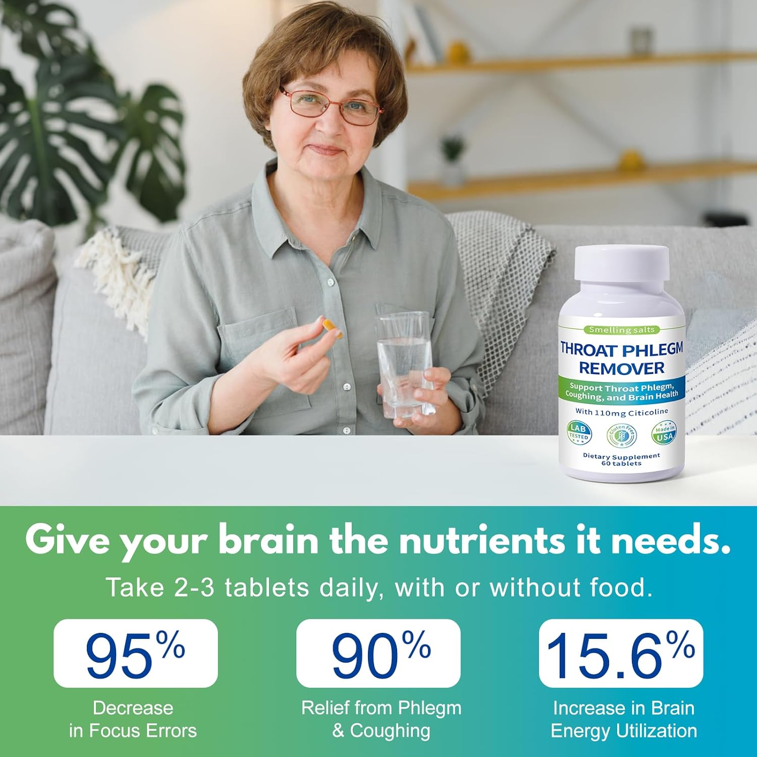 Throat Phlegm Remover – Fast Relief for Throat Phlegm & Coughing – Citicoline Supplement for Respiratory, Throat & Brain Health – Non-GMO, Gluten-Free, 60 Tablets