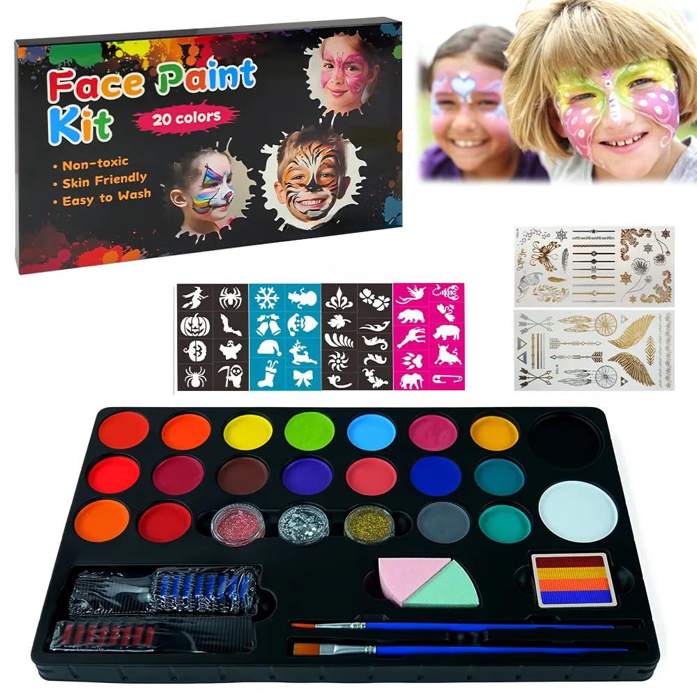 Face and Body Paint Kit for Kids: 20 Color Water-Based Non Toxic Palette, 3 Glitters, 2 Hair Chalk Combs, 2 Paint Brushes, 32 Stencils, Tattoo Sheets, Ideal for Parties, Halloween Makeup