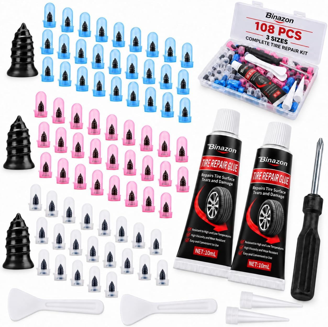 108 Pcs Tire Screw Plug Repair Kit, 100 Rubber Nails with Glue