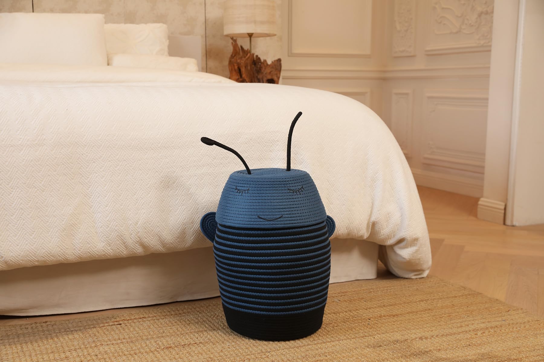 Cottonphant Handcrafted Animal Inspired Basket with Lid | Cotton Storage Solution for Organization in Bedroom | Perfect Organizer for a Shower or Retreat, Dark Blue Bee, 12x18