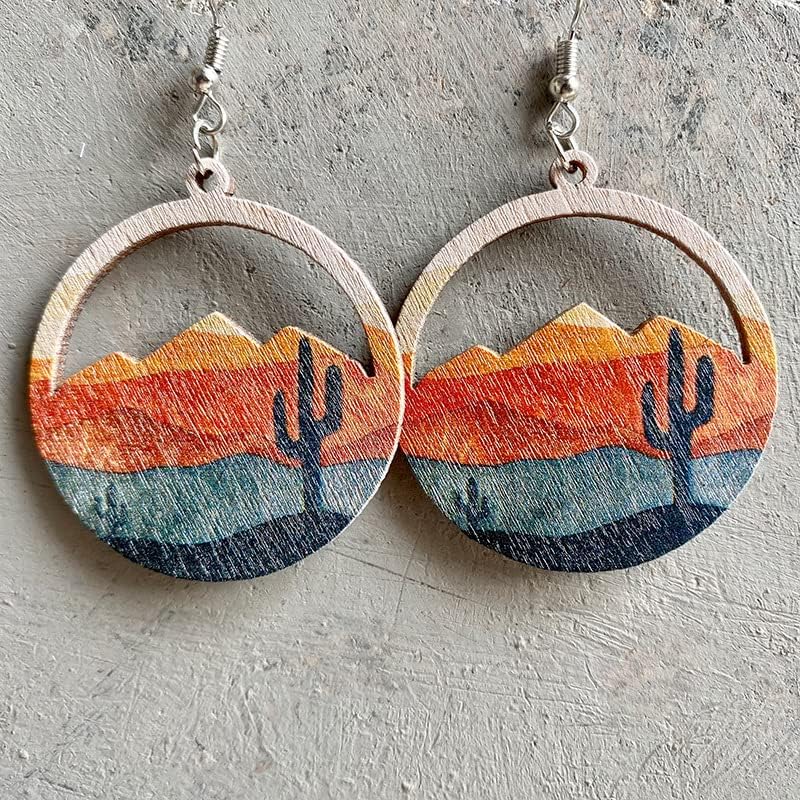 Handmade Boho Nature Wooden Mountain Dangle Drop Earrings Lightweight Wood Hollow Teardrop Hook Earring Tree Cactus Pattern Statement Earring Outdoor Enthusiast Jewelry Gifts - Image 3
