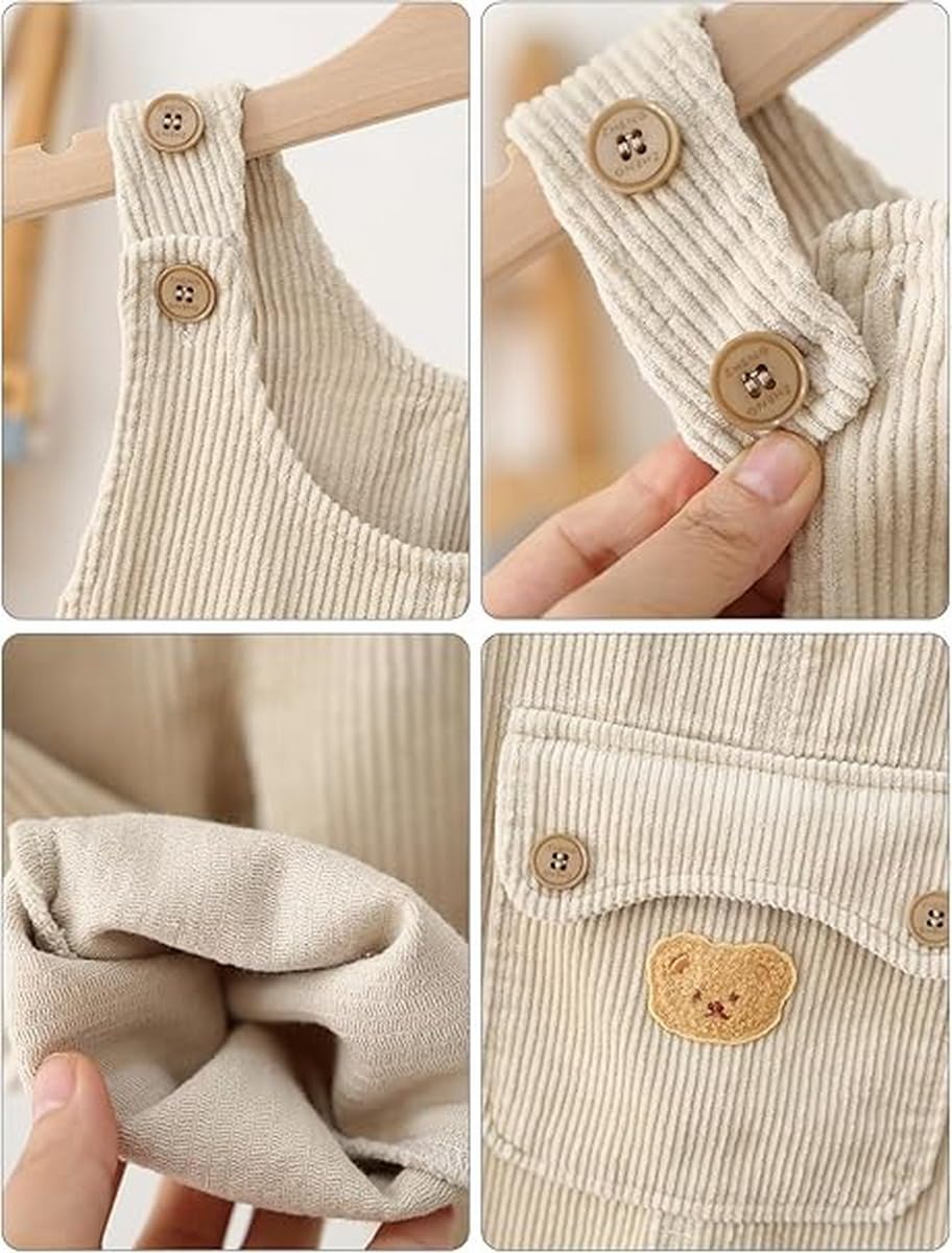 Salopette Bambini Bimba in Velluto a Coste Tuta Pantaloni Bambini Unisex con Bottoni Bretelle Comodo Cotone Pagliaccetto Senza Maniche con Motivo dell Orso
