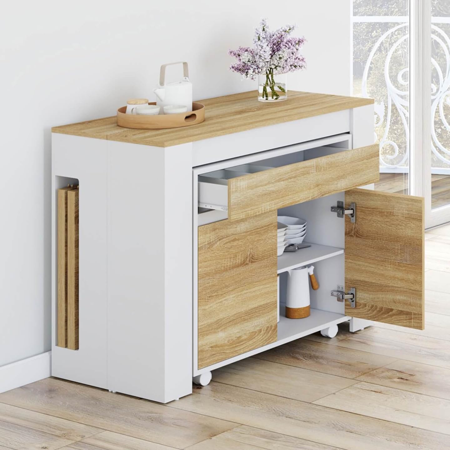 IDMarket Orlando - Mesa de aparador extensible para 14 personas, 285 cm, madera blanca