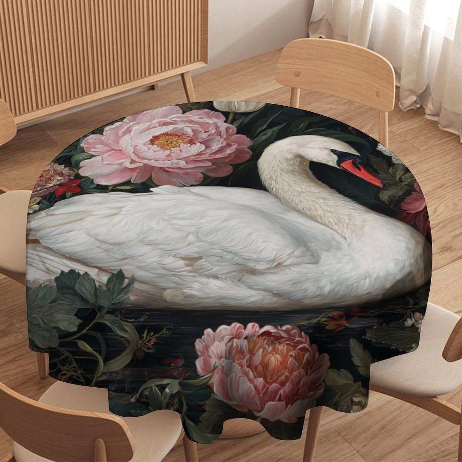 LUYYSKY Beautiful Rustic Elegant Swan Round Tablecloth Modern Retro William Morris Flowers Animal Swan Washable Decor for Table Cover for Kitchen-127 Wx127 L cm