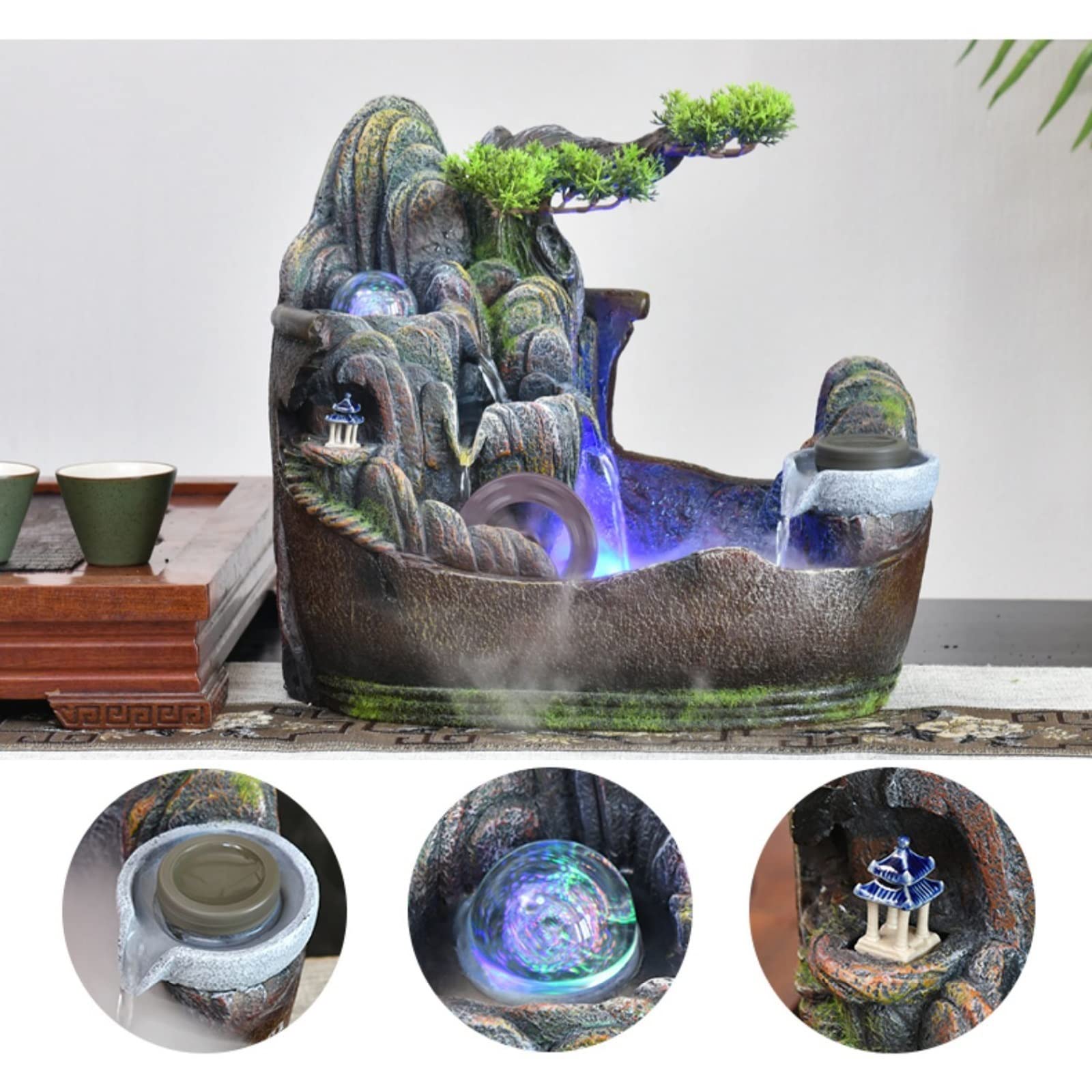 Fuente Decorativa de jardín, Fuente de Agua con Cascada, de Resina, con Bomba de Agua, Feng Shui Zen, decoración para salón, Dormitorio, Oficina, 30 x 19 x 26 cm, Tamaño Klein
