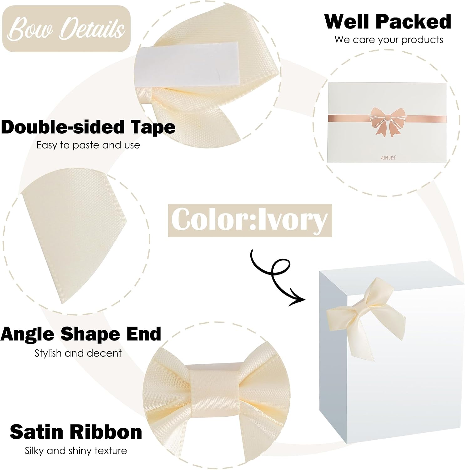 AIMUDI Ivory Satin Ribbon Bows 2" Self Adhesive Satin Bow for Gift Wrapping Premade Bows with Double-Sided Tape for Making Crafts Baby Shower Birthday Party Wedding Decorations, 50 PCs image 3