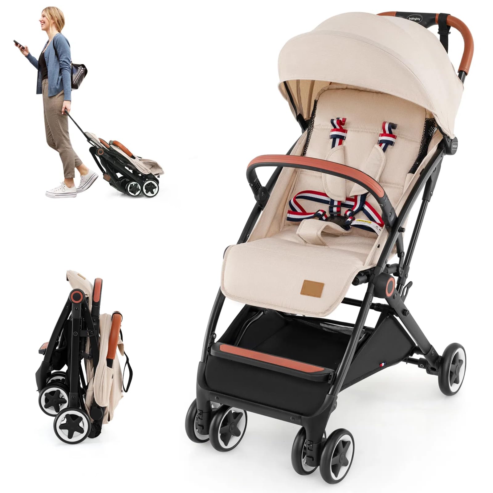 HONEY JOY Travel Stroller, One-Hand Quick Fold Lightweight Umbrella Stroller for Airplane, Wrist Wrap & Net, Multi-Position Recline, Overhead Friendly