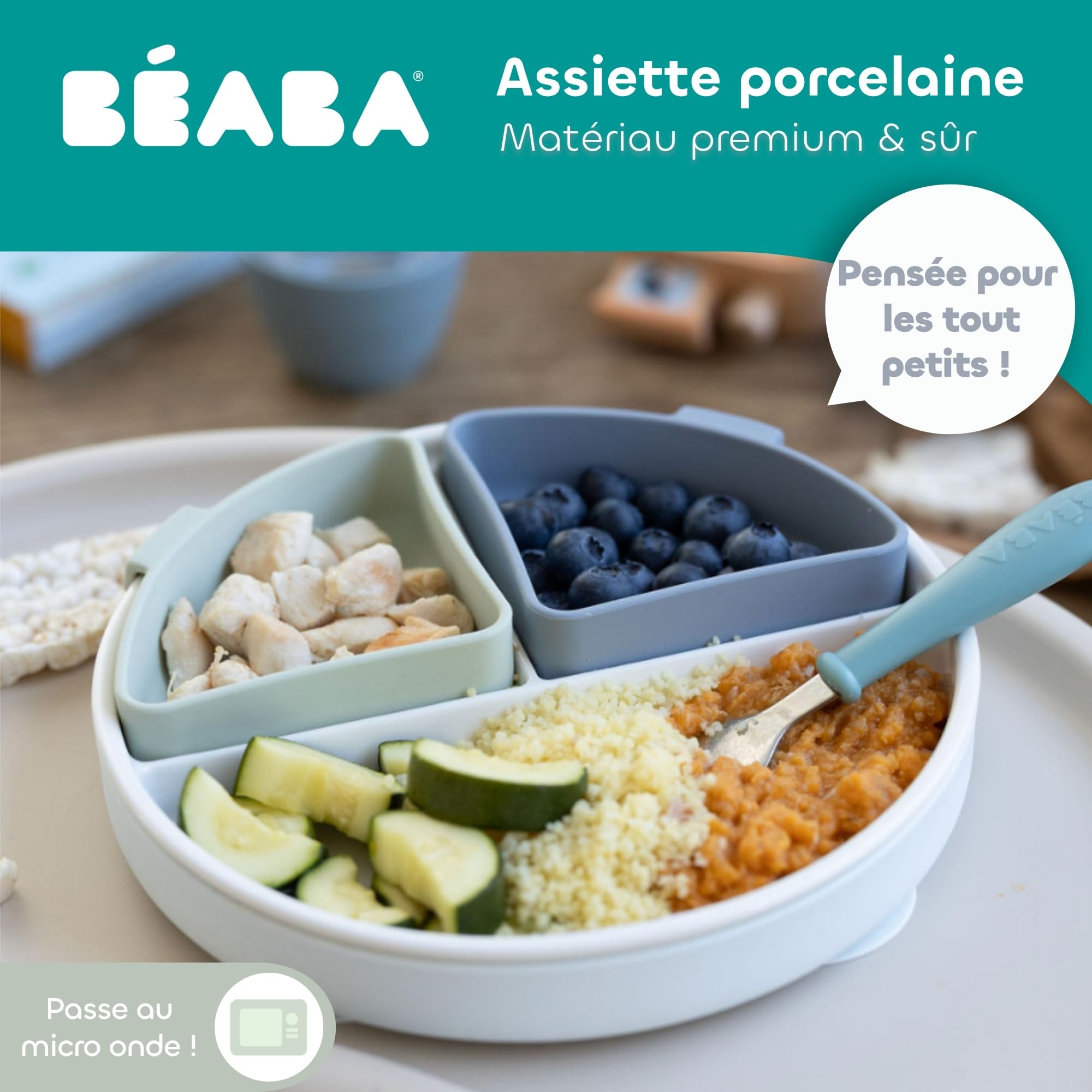 BÉABA, Piatto Baby in Porcellana Mix & Match, Ventosa, Blu-grigio