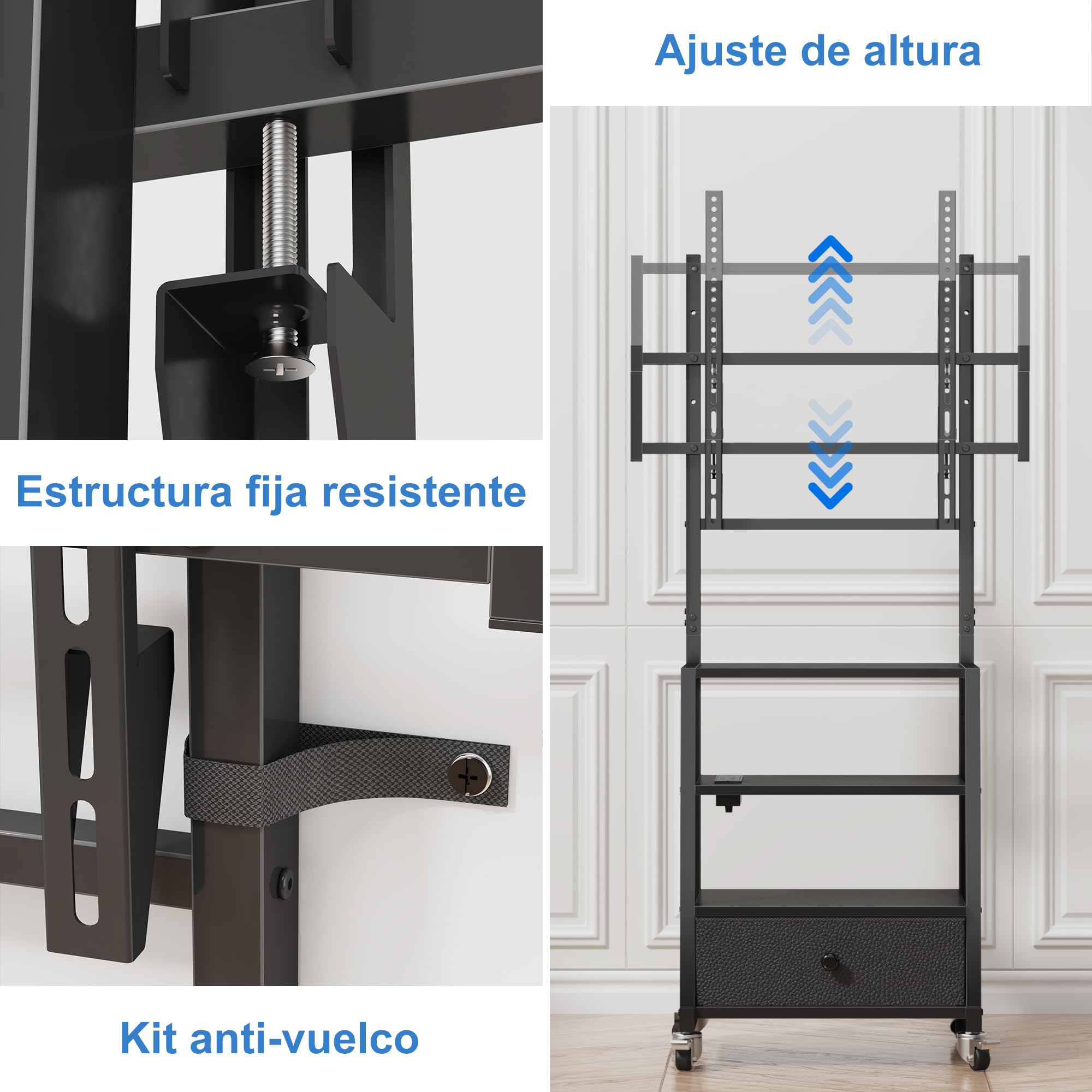 Soporte TV Ruedas con Enchufes 32-75" VESA 600x400, Negro | Enchufes y Puertos USB, 3 Estantes y Cajón de Tela, Altura Regulable, Fácil Montaje, Soporte TV Pie Carga Máx 50kg