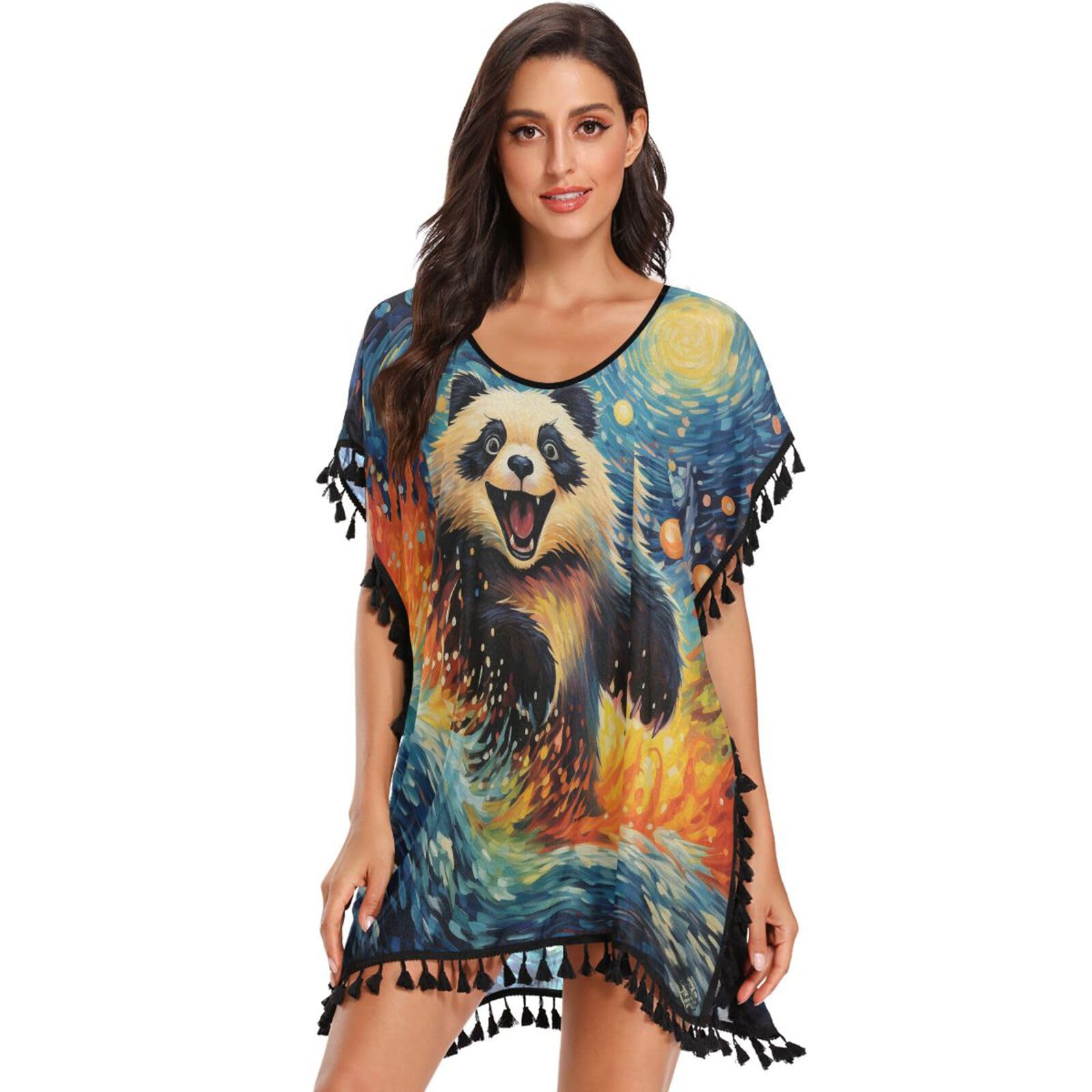 KAAVIYO Artwork Moon Panda Women's Beach Cover Up Chiffon Tassel Swimwear Swimsuit Coverups for Girl