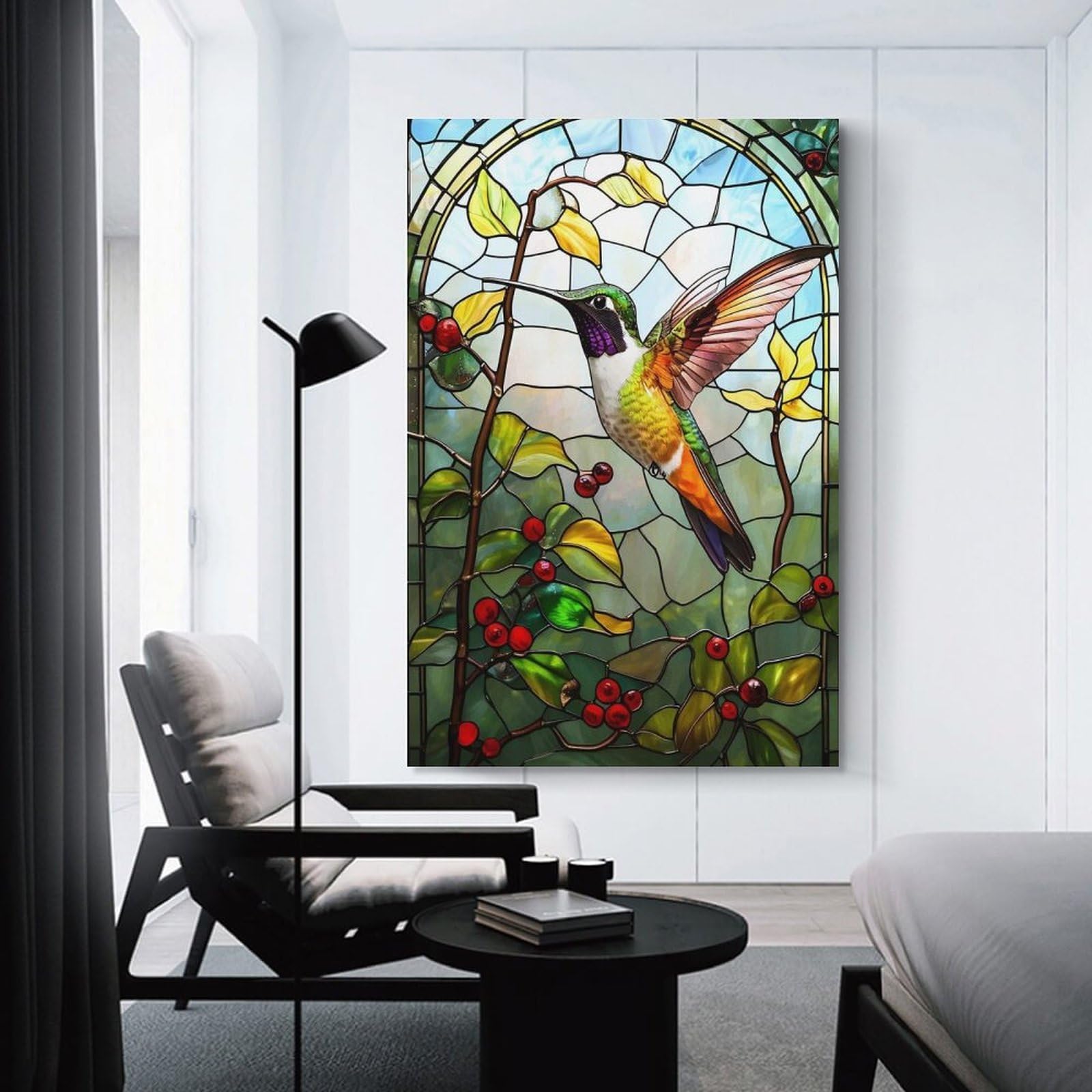 Junmoney Canvas Wall Decor Stained Glass Hummingbird, 12x18inch(30x45cm), for Living Room, Bedroom, Office Or Hallway, Stylish Home Artwork for Focal Walls