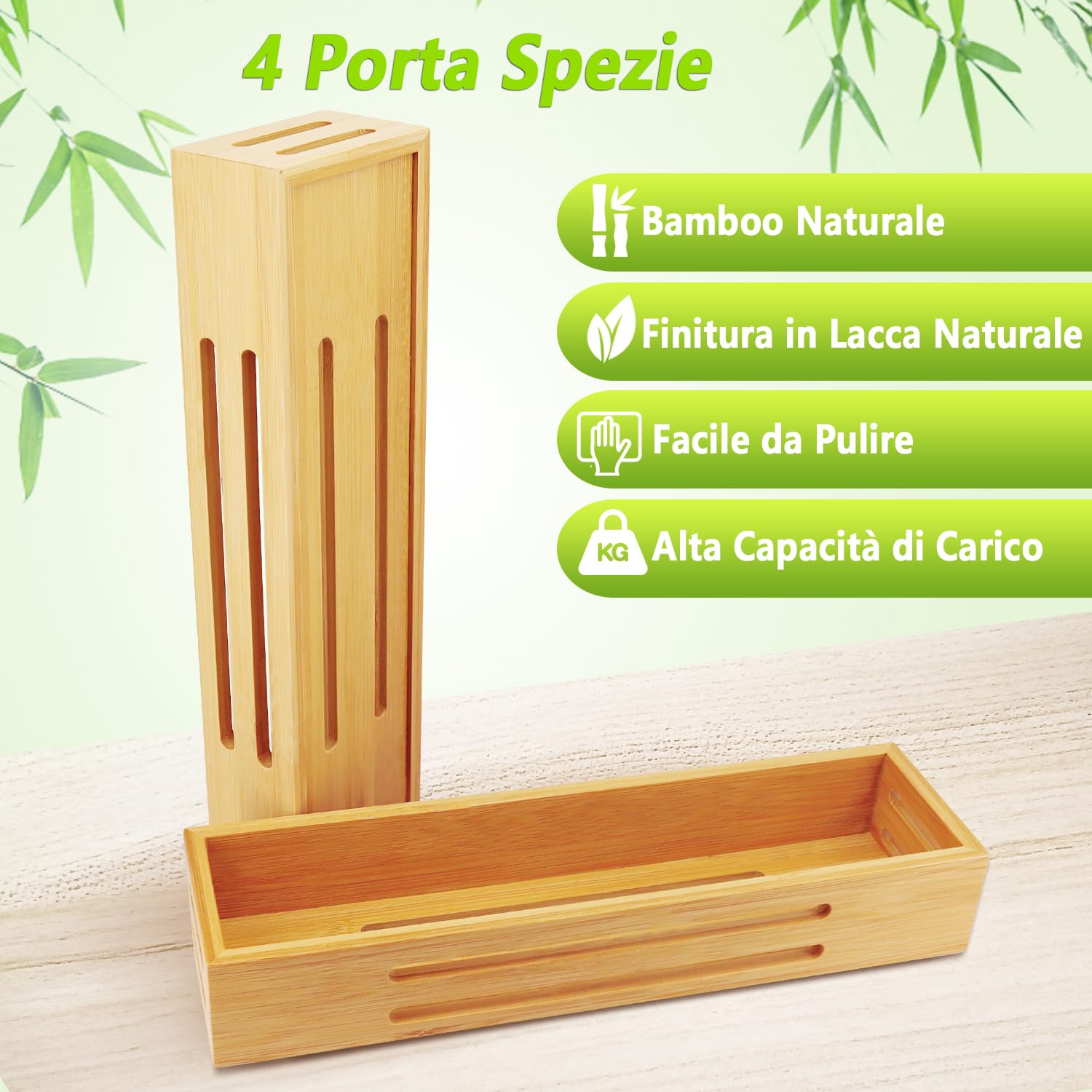 Bambù Porta Spezie Salvaspazio per Cucina, 4 Pezzi Portaspezie da Parete da Appoggio Frigorifero Porta Dell'armadio da Cucina, Autoadesivo o Foratura